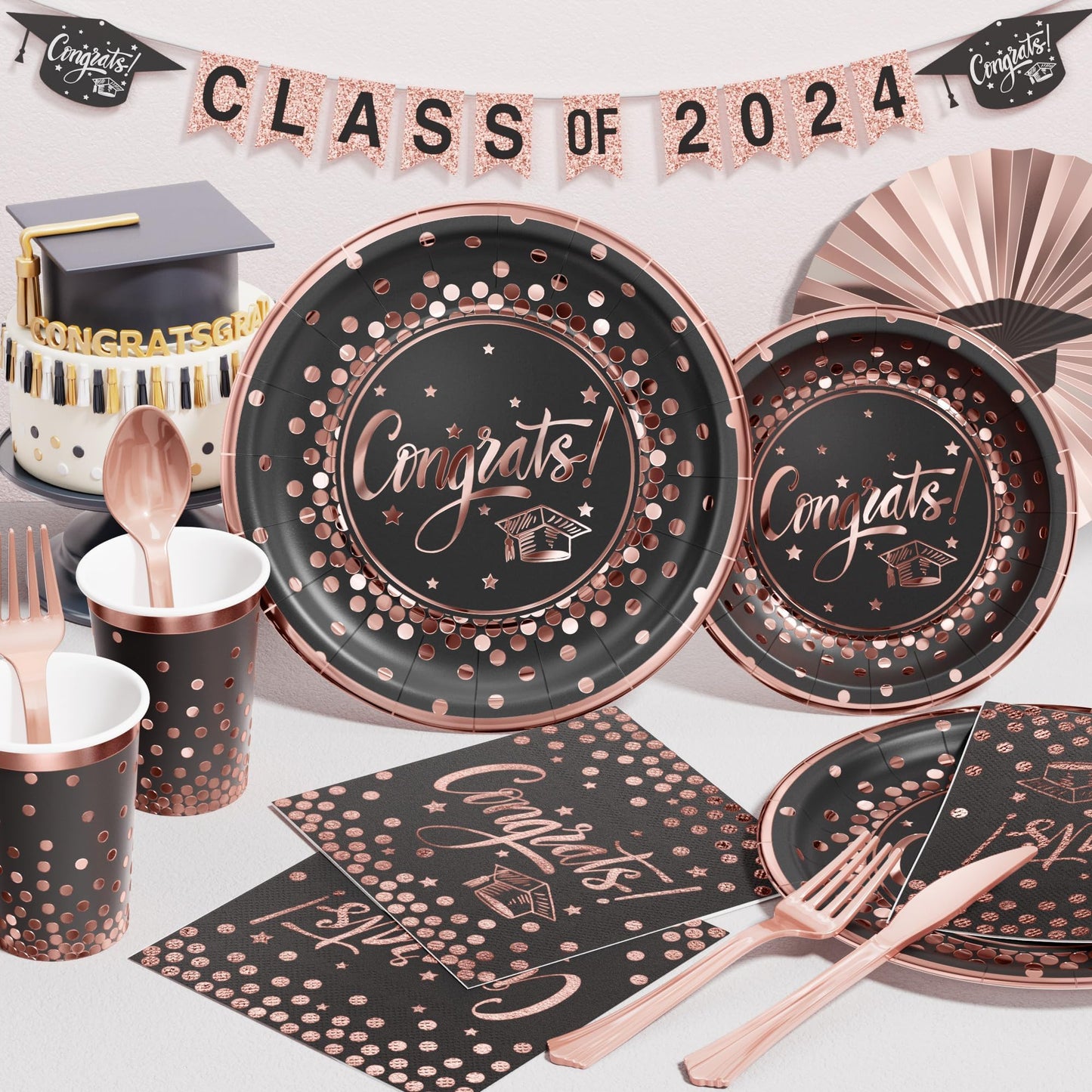Ecomore 2026 Graduation Party Supplies - 175 PCS Congrats Grad Disposable Dinnerware Set w/Rose Gold Paper Plates Cups Napkins & Plastic Cutlery, Serves 25 Guests for School College Grad Celebration