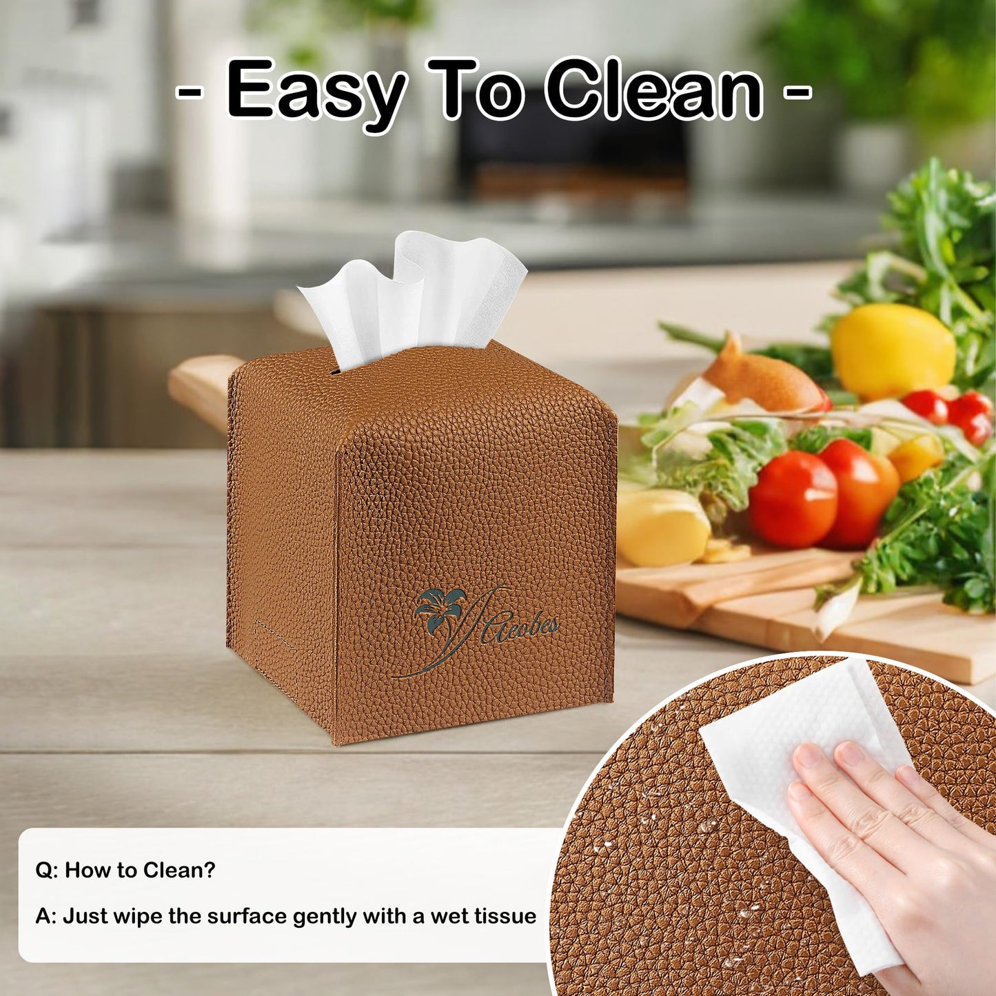Aeobes Tissue Box Cover Square PU Leather Tissue Holder for Bathroom, Cube Décorative Tissue Organizer, Tissue Paper Dispenser for Car, Kitchen, Bedroom, Office, Tabletop (2, Brown, 5x5x5'')