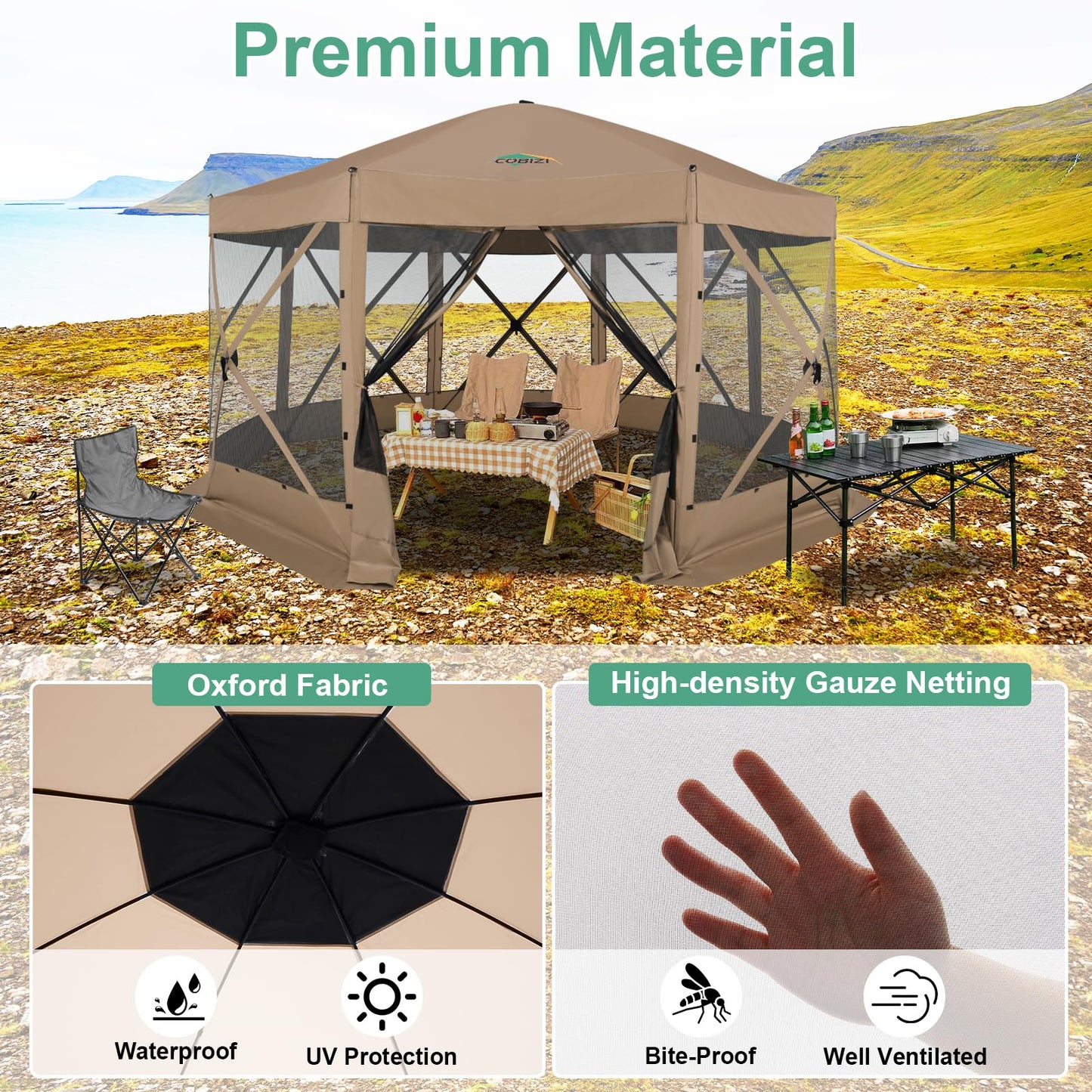 COBIZI 15x15 FT Pop Up Gazebo - Canopy Tent, Large Gazebos On Clearance, Hot tub Screened in Gazebo,carpas para Patio,Portable Screen Tents for 12-15 Persons Outdoor Camping, Backyard, Khaki