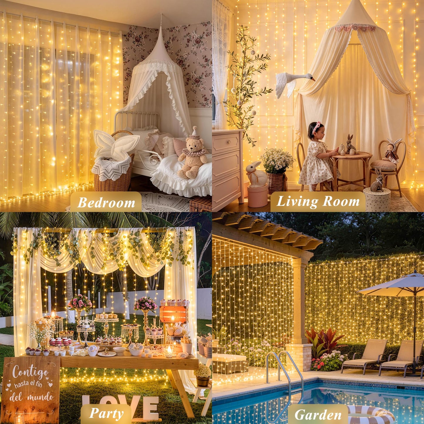 JMEXSUSS 200 LED Curtain Lights for Bedroom, Warm White Curtain Fairy Lights for Backdrop Indoor, USB Hanging String Lights with Remote for Wall Backdrop Wedding Party Decor, 6.5ftx6.5ft
