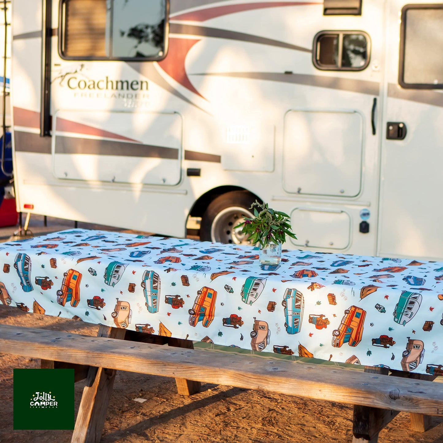 Jolly Camper Camping Tablecloth, Picnic Tablecloth, Fits 4ft to 8ft Picnic Tables, Polyester, Washable & Reusable, Spill & Stain Resistant, Water Repellent, Table Cloth for Picnic Table - Vintage RV