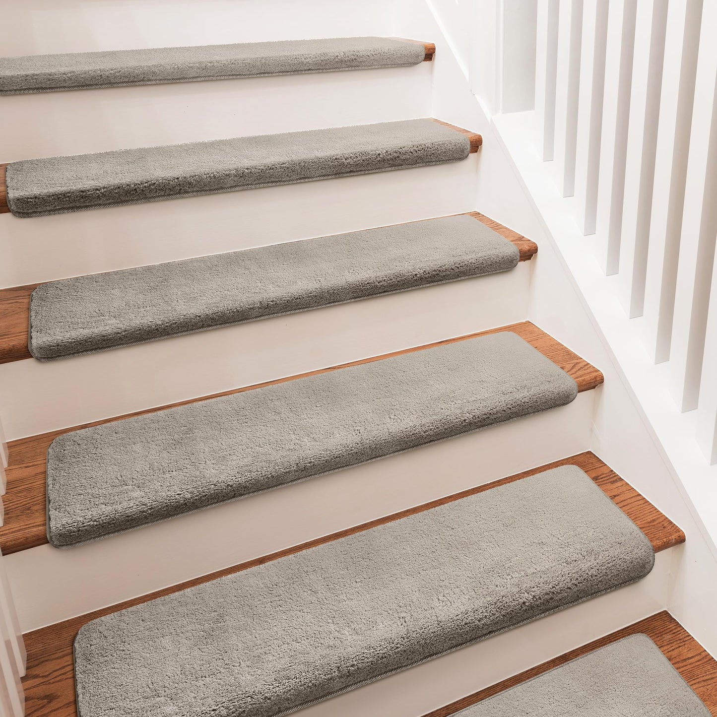 PURE ERA Carpet Stair Treads Ultra Plush 9.5" X 30"Soft Bullnose Indoor Stair Protectors Pet-Friendly Non-Slip Skid Resistant Tape Free Washable Reusable(14 Pieces, Cream Gray)