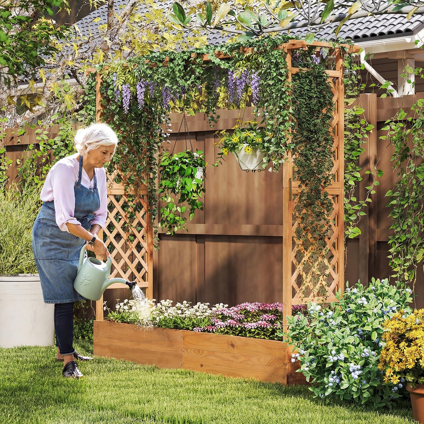 Giantex Raised Garden Bed with Trellis & Hanging Roof, Wood Planter Box with Bottom and Drainage Holes, Freestanding Garden Planter for Flower Vegetable Fruit Herb Climbing Vines, 77"x17"x70"