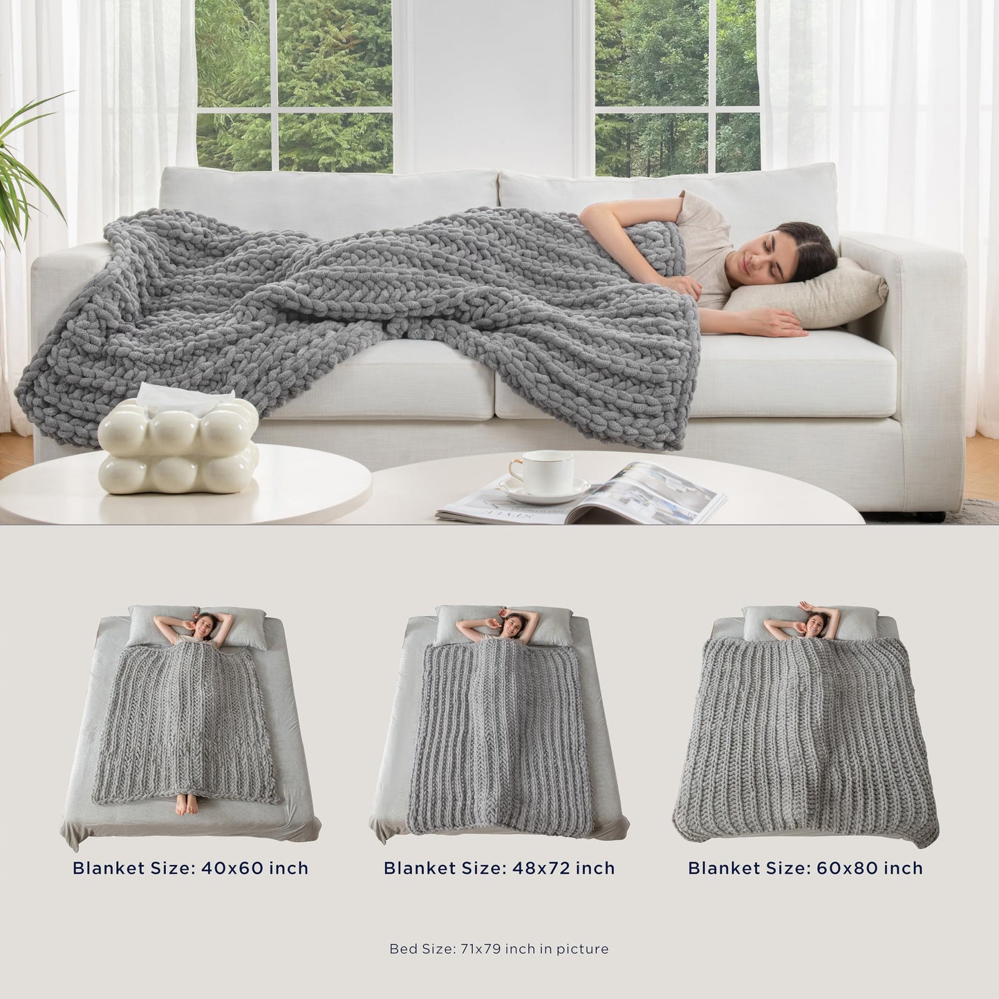 Maetoow Handmade 15 lb Soft Knitted Weighted Blanket, 72 x 48 in Breathable Chunky Knit Gravity Blanket Throw, Home Decor for Sofa Couch Bed, Light Grey