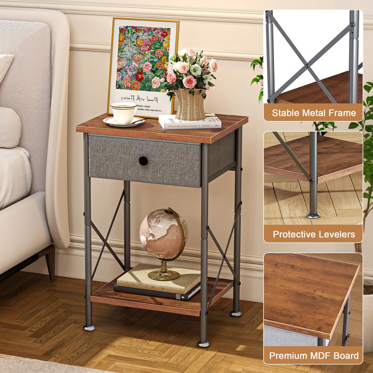 VECELO End Tables, Modern Nightstand with Fabric Drawer & Open Shelf, Night Stand for Bedroom Living Room, Industrial Metal Frame, Easy Assembly, Rustic Brown,1 Pack