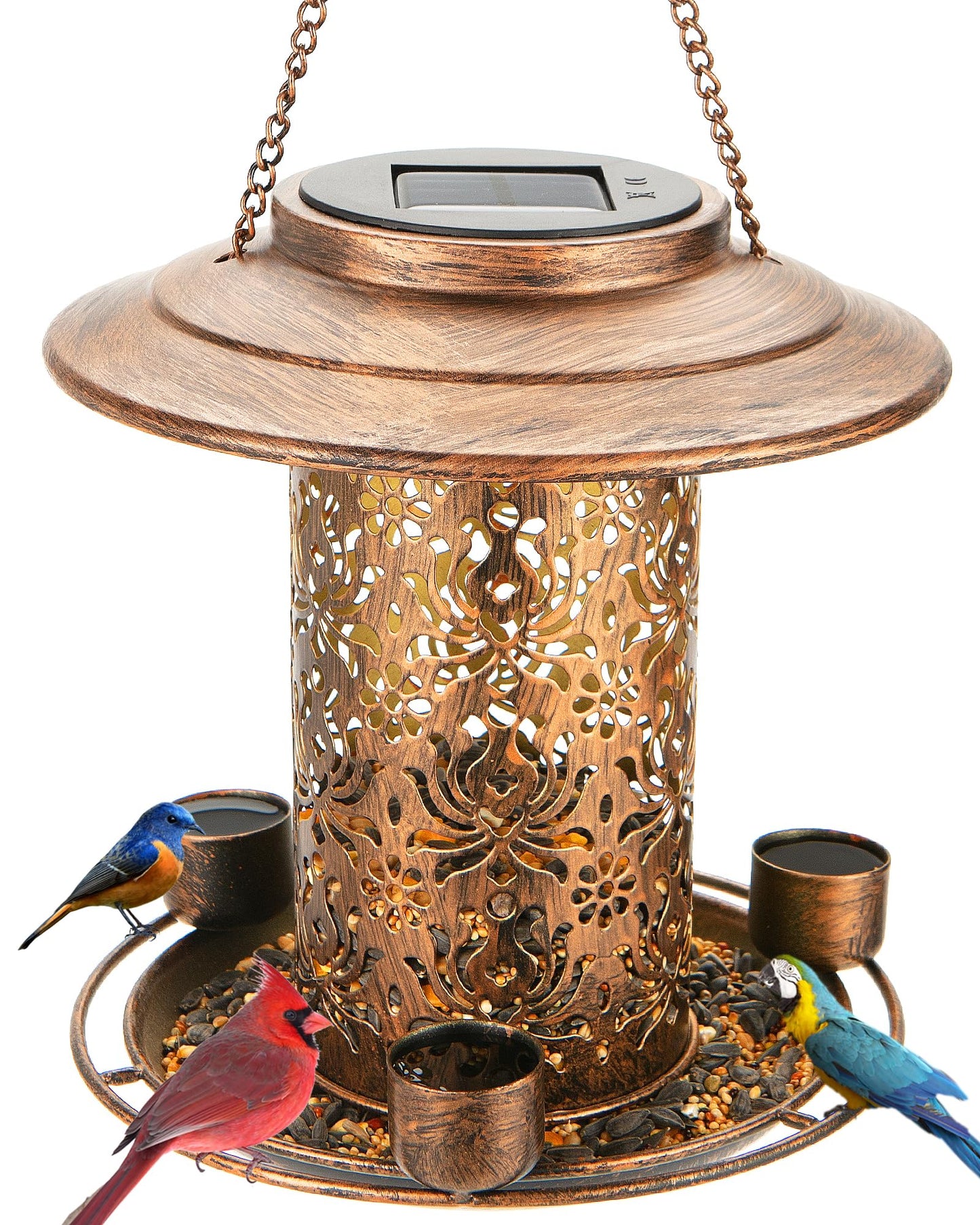 Dosevita Solar Bird Feeders for Outdoors, Metal Hanging Bird Feeder with 3 Water Cups,Rust Resistant, Solar Garden Lantern for Outdoors Decor,The Perfect Choice for Gift(2.5LB)