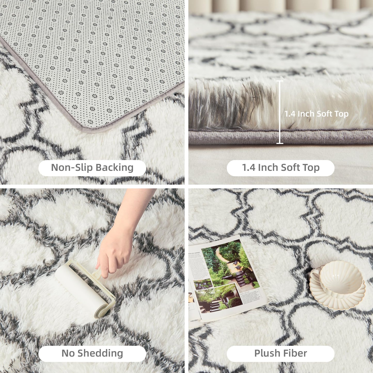 Litanika 4x6 Geometric Shag Area Rug for Bedroom, White and Grey High Pile Ultra Soft Plush Shaggy Furry Bedside Playroom Dorm Carpet, Non-Slip, Non-Shedding Indoor Floor Rug