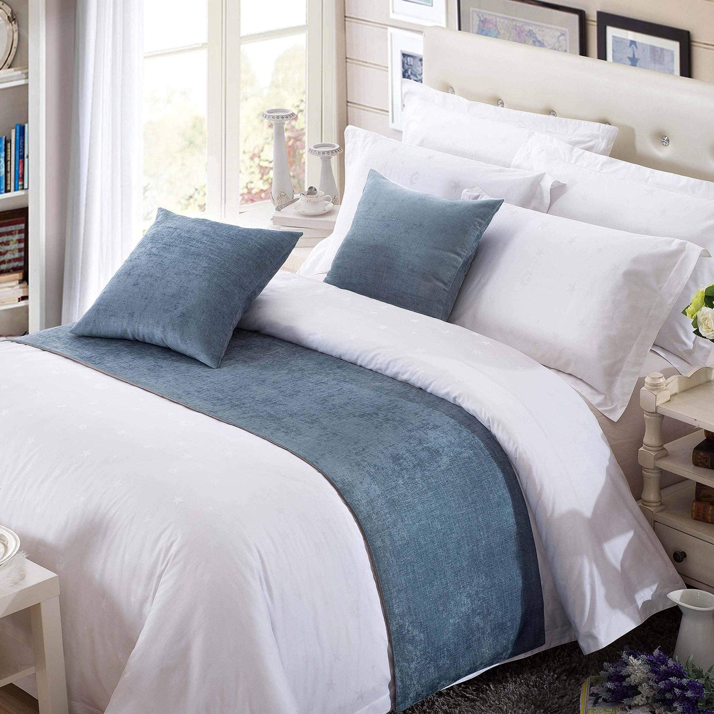 OSVINO Chenille Bed Runner Solid Breathable Modern Bedding Scarf Protection for Bedroom Hotel, Blue 180X50cm for 120cm Bed