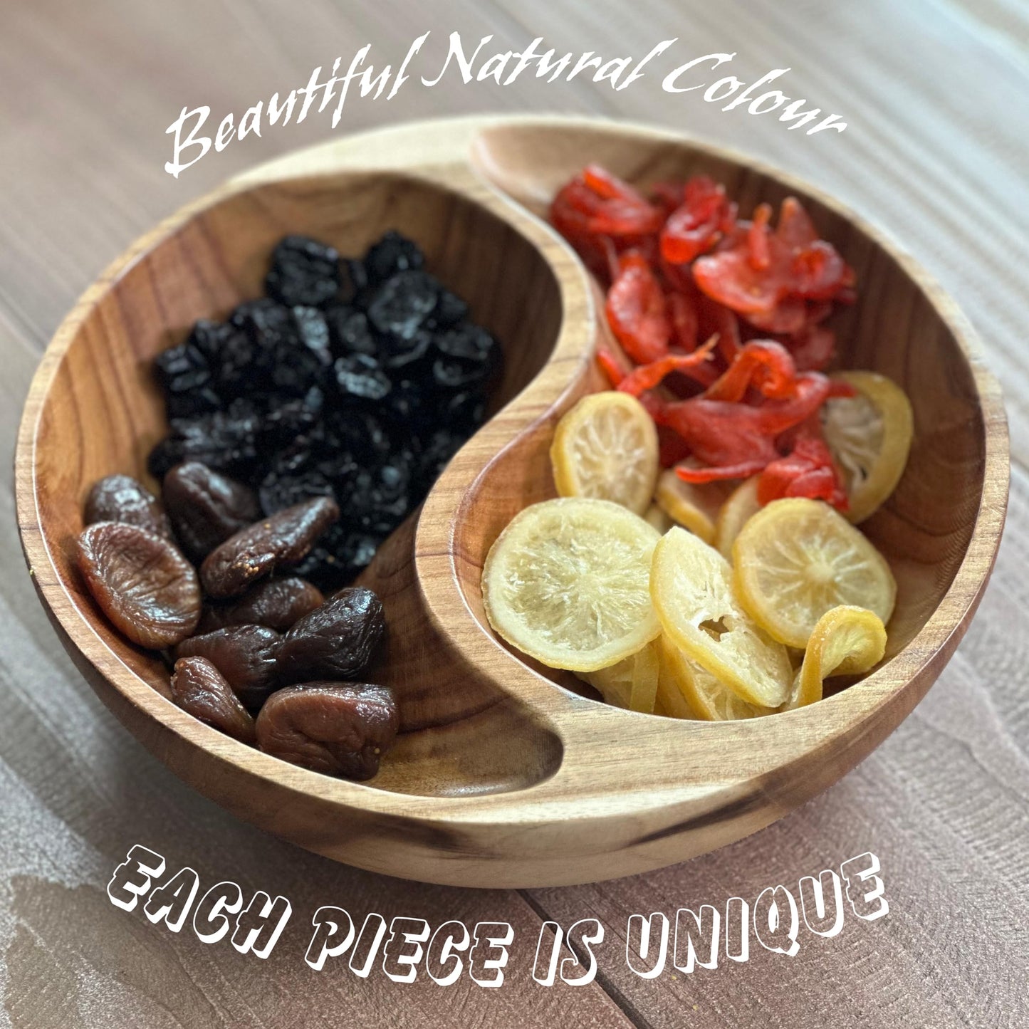 9.8 inches Acacia Wood divided Bowl, in a gift box, for candies, Nuts, dry fruits, made from one pc solid acacia wood, made in Vietnam