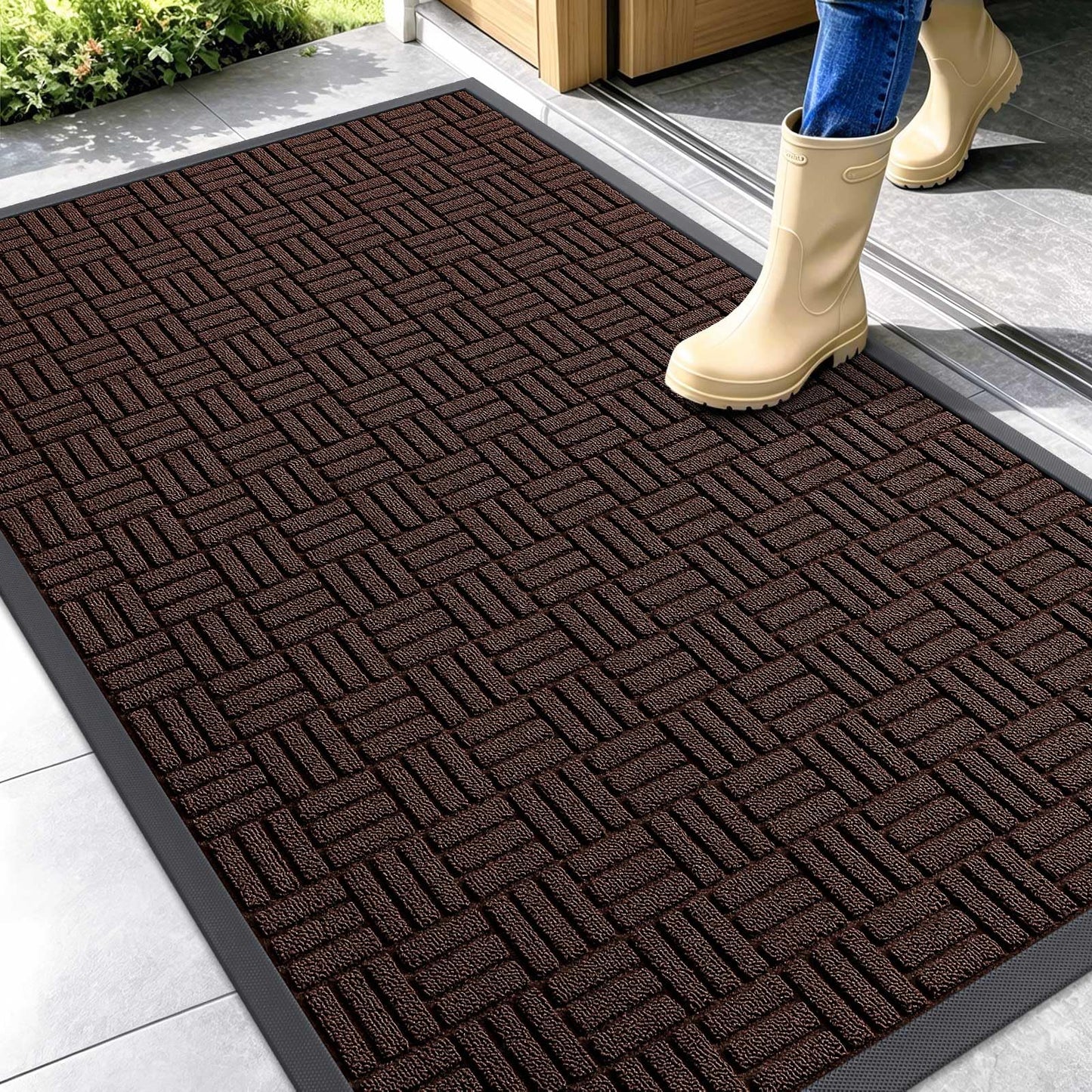 OLANLY Front Door Mat Outside Entrance 47x32, Absorbent, Heavy Duty Sturdy Natural Rubber Doormat Indoor Outdoor, Stain and Fade Resistant, Non-Slip Backing Low Profile Floor Mat for Entryway, Brown