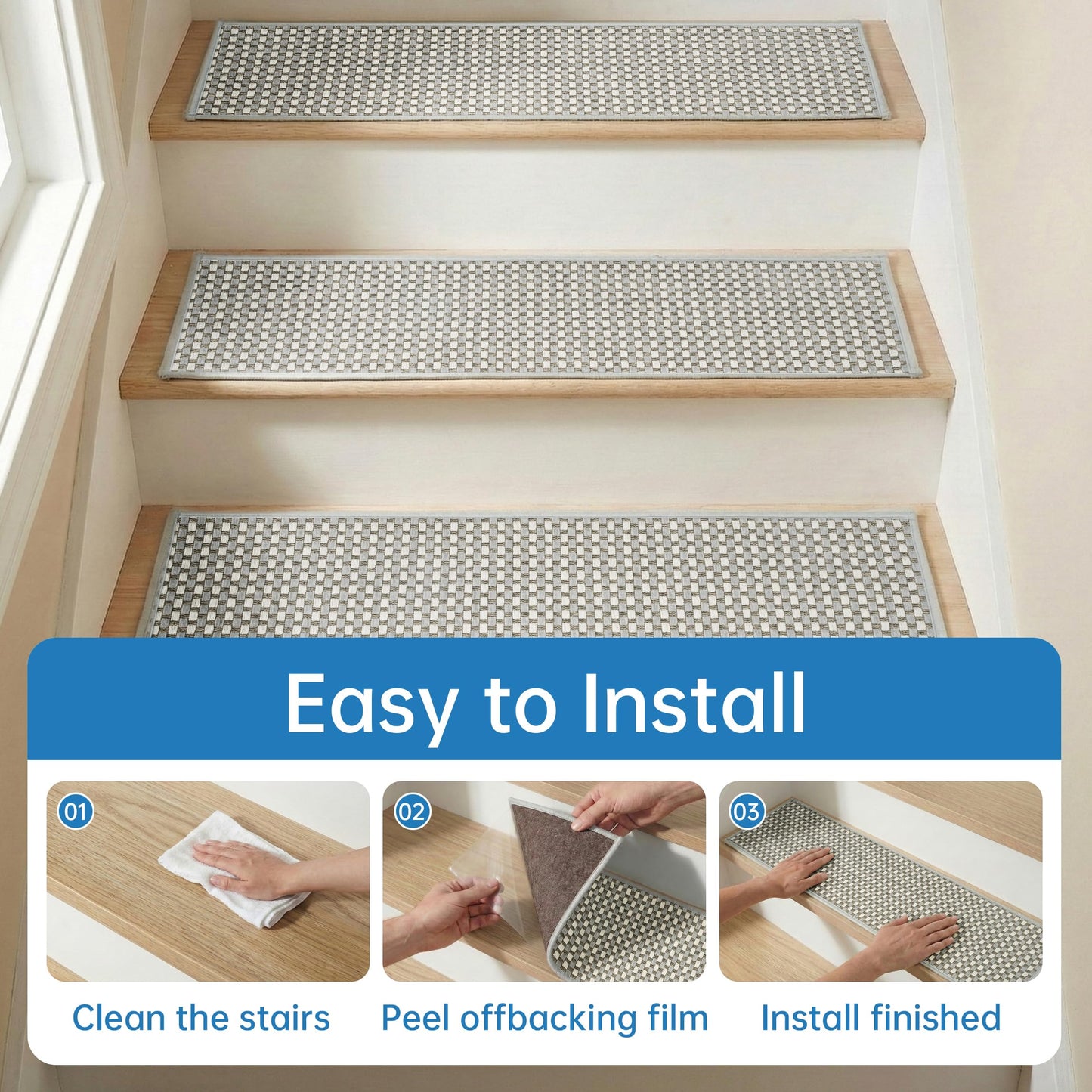 WELINHOME Chenille Stair Treads for Wooden Steps 8"x30" (15 Pack), Ultra Soft Non-Slip Carpet Stair Runners Indoor, Peel and Stick Self-Adhesive Step Rugs for Kids & Dogs, Machine Washable, Gray