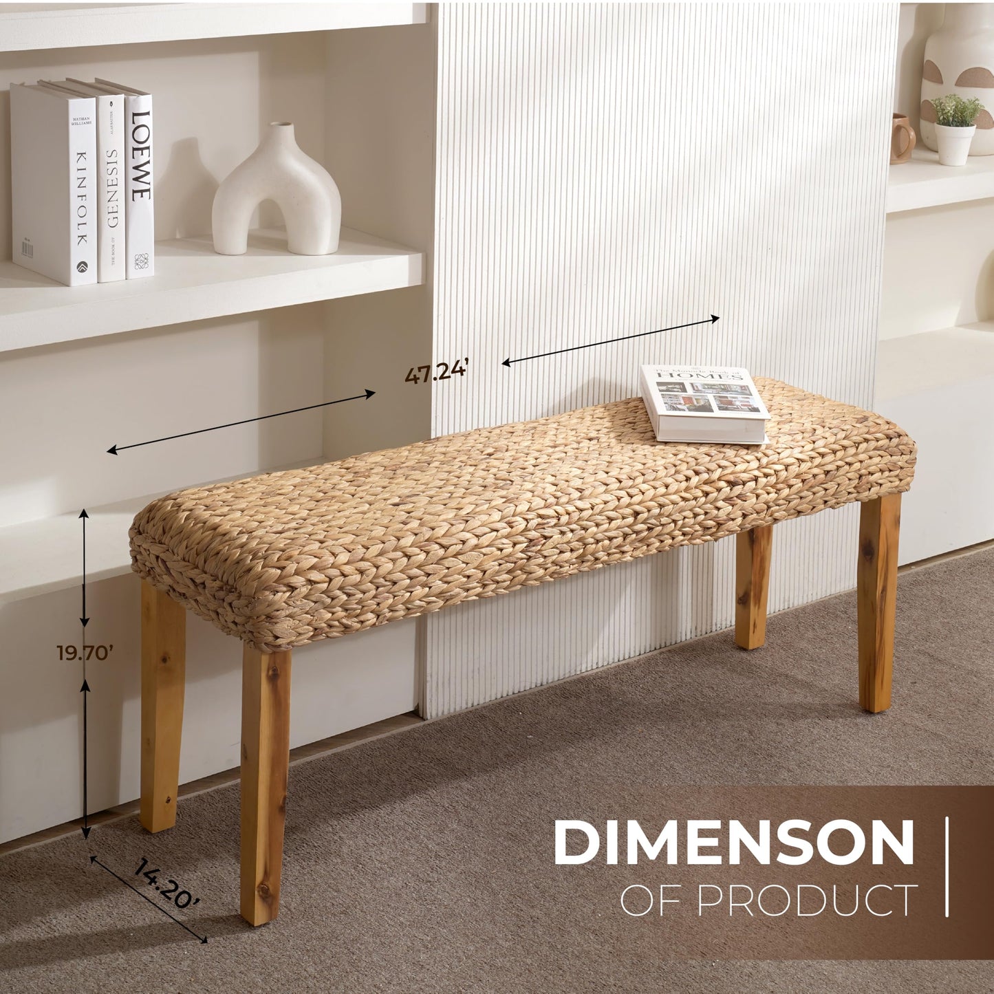 Solid Wood Acacia Indoor Bench with Natural Woven Seat, 47 Inch Wood Bench for Living Room or Entryway Benc, Bedroom End of Bed Bench or Dining Benches, Window Bench (Fishbone, Water Hyacinth)