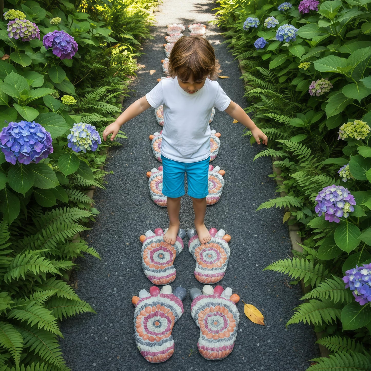 Garden Path Paved with River Pebbles -Footprint Stepping Stones -Garden, Terrace, Garden or Sidewalk Horticultural Design Decorative Stones-Fake Pebbles Children's Stepping Stones (2-piece Set) # A