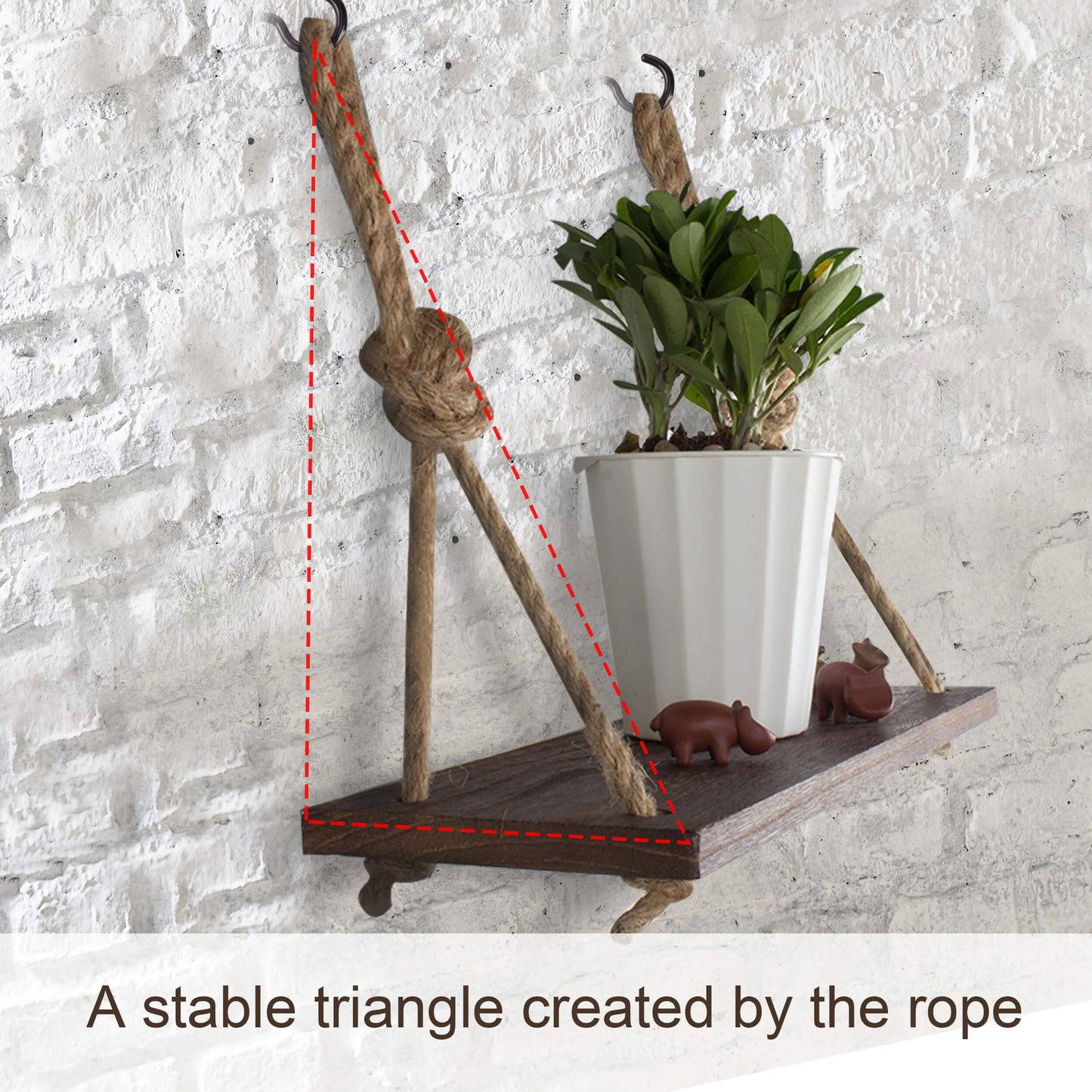 Yankario Rope Hanging Floating Shelves, Rustic Wood Wall Decor Swing Shelf with 4 Hooks, Pack of 2