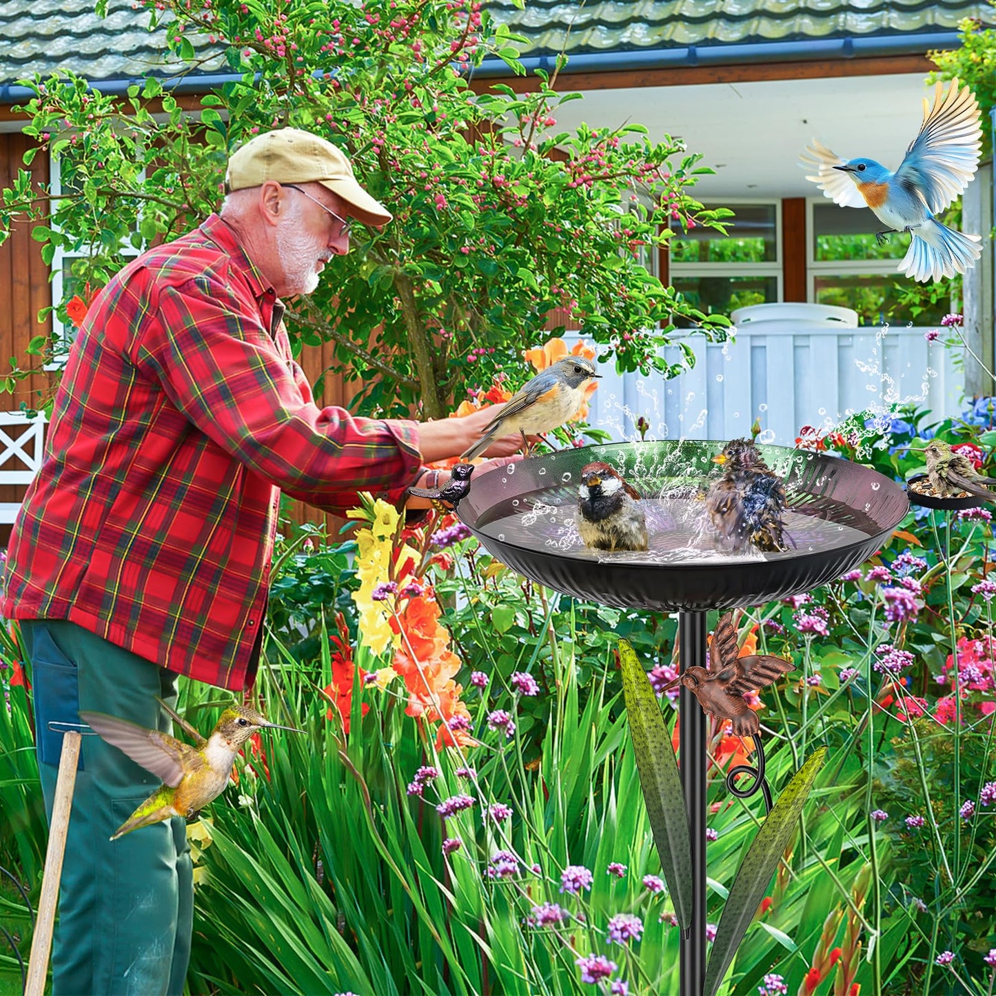 YALINKA 41.5" Metal Bird Bath for Outside, Detachable Birdbath Sturdy 5-Prong Stake Base with Bowl & Decorative Birds, Durable Iron Garden Birdbath & Feeder for Patio Wildlife Décor (Purple to Green)