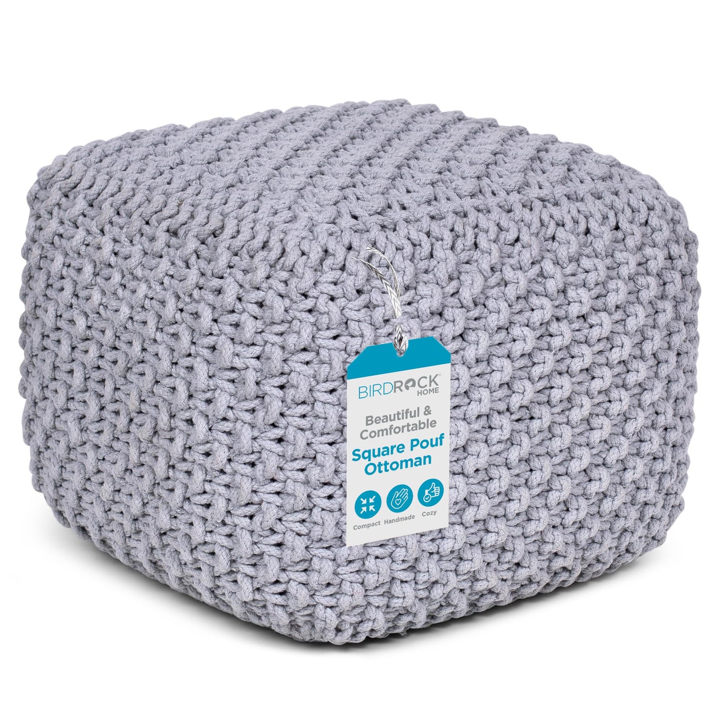 BIRDROCK HOME Square Pouf Ottoman | Cotton Braided Foot Stool with Bean Bag Filling | Boho Foot Rest for Living Room, Bedroom | Compact & Comfortable Seating, Lightweight & Sturdy | Grey