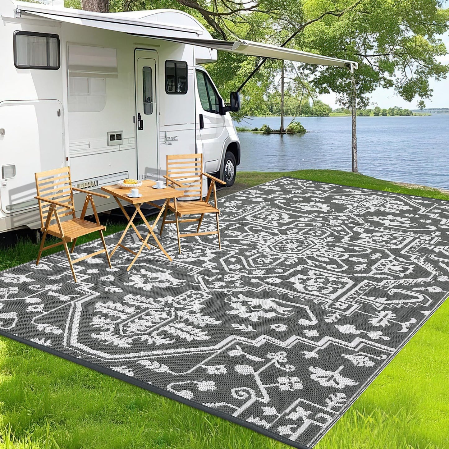 Jojoka Waterproof Reversible Outdoor Rug, Durable Plastic Straw Medallion Mat, UV-Resistant Easy Clean All-Weather Carpet for Patio, Backyard, Porch, Deck, Camping & RV