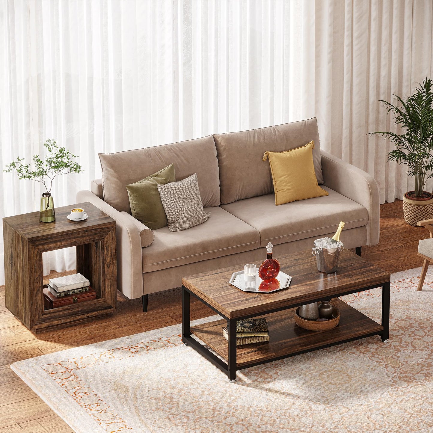 Tribesigns Rustic Wood End Table, 2 Tiered Square Side Table with Storage Shelf, Industrial Sofa Side Table for Living Room, Entrance (Rustic Brown) (1)
