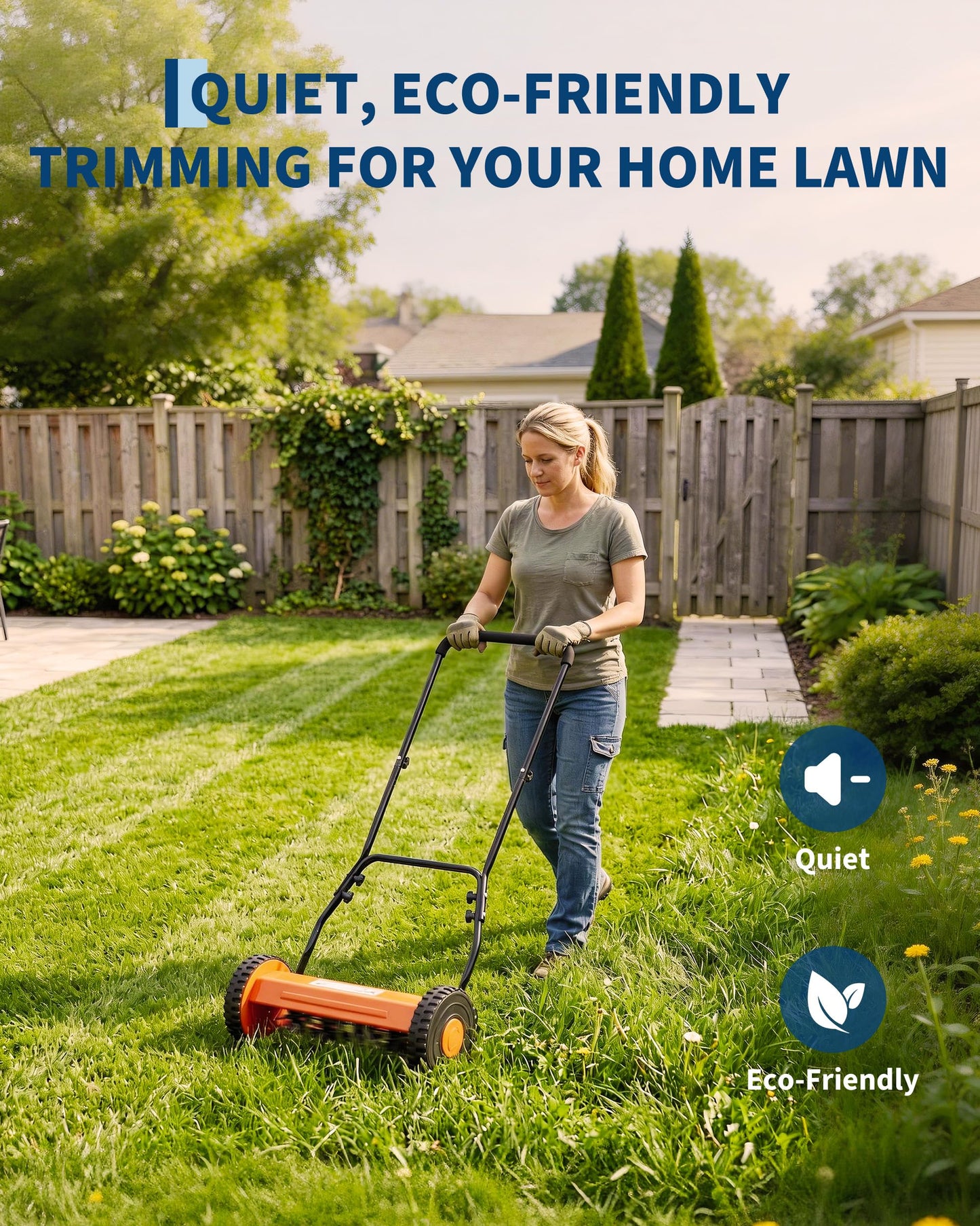 16 Inch Manual Reel Lawn Mower, 5-Blade Push Reel Mower with Adjustable Cutting Height, Walk-Behind Compact Hand Push Mower for Small Yards, Quiet Cordless Mowing (Orange) — No Grass Catcher Bag