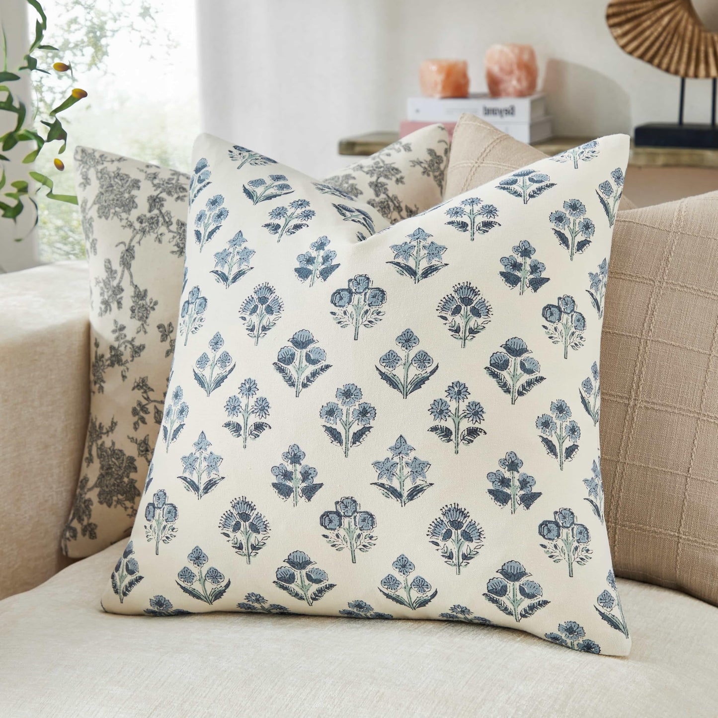 YZJZEDS 100% Cotton Floral Pillow Covers Set of 2, Double Sided Block Print Boho Decorative Throw Pillow Cases, Farmhouse Style Cushion Covers for Home Decor, 18x18 Inches Dusty Blue