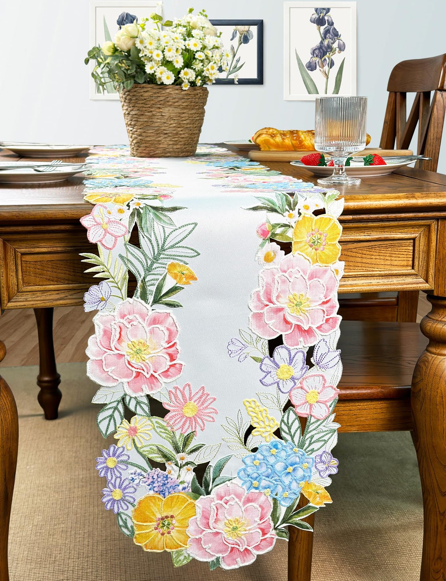 KEVA Floral Spring Table Runner 13x72inch, Flower Cutwork Embroidered Table Runner & PLACEMAT, Easter Seasonal Spring Table Decorations for Kitchen Dining Table (13x72')