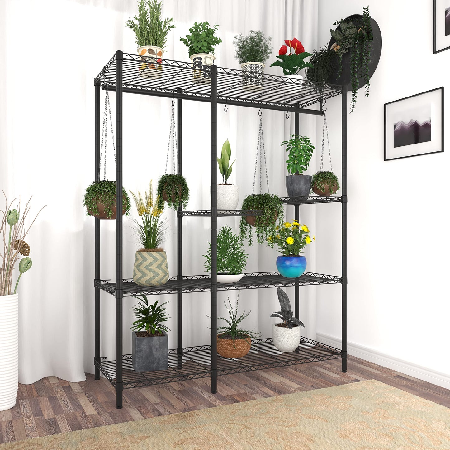 Xiofio 5-Tier Plant Stand for Indoor Outdoor, Large Reinforced Plant Shelf for Hanging Multiple Plants Plant Rack ,Adjustable Plant Stand Suitable for Bedroom Living Room Balcony Garden,Black