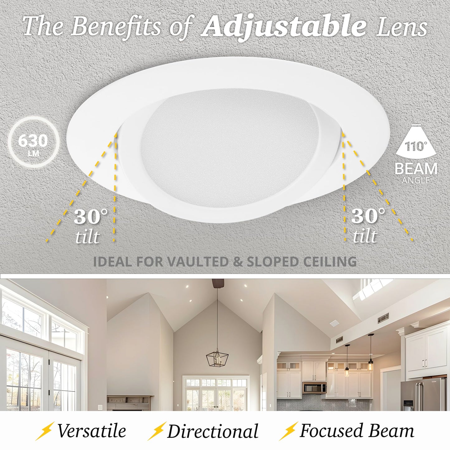 NuWatt 12 Pack, 4 Inch Canless Gimbal LED Recessed Lighting, 5CCT 2700K/3000K/3500K/4000K/5000K Selectable, 630 Lumen, Dimmable, Adjustable Eyeball Wafer Lights for Sloped Ceilings, Metal Junction Box