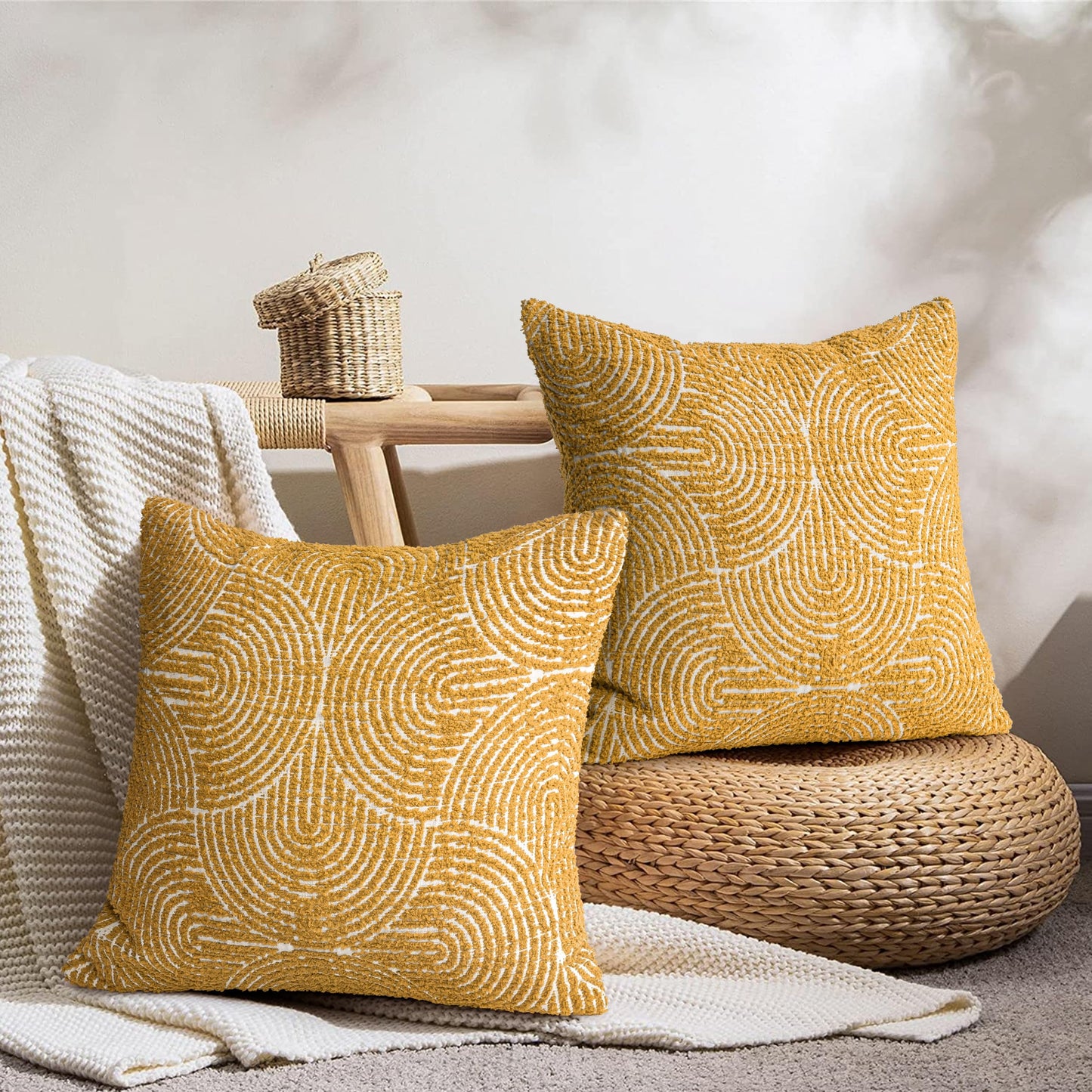 AELS Boho Decorative Textured Throw Pillow Covers 18x18, Organic Modern Mid Century Rainbow Tufted Pillow Case, Farmhouse Rustic Geometric Woven Cushion Case for Bed Couch Sofa, Mustard Yellow