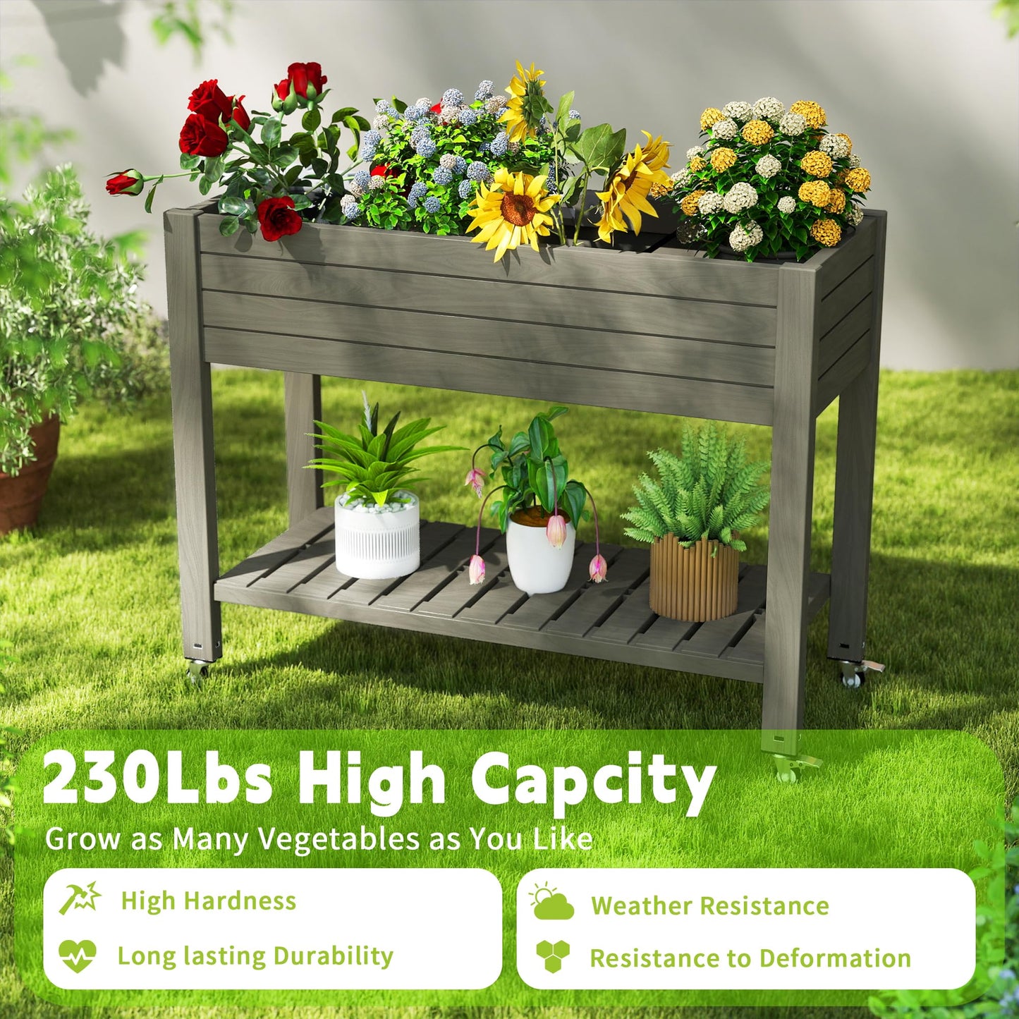 GYMHILL Elevated Raised Garden Bed with Wheels,Outdoor Large Resin Patio Planter Box Stand Divisible with Drain Plug,Water Monitor for Plants Vegetables Flowers Fruits(Grey,43.31 * 17.72 * 33.66)