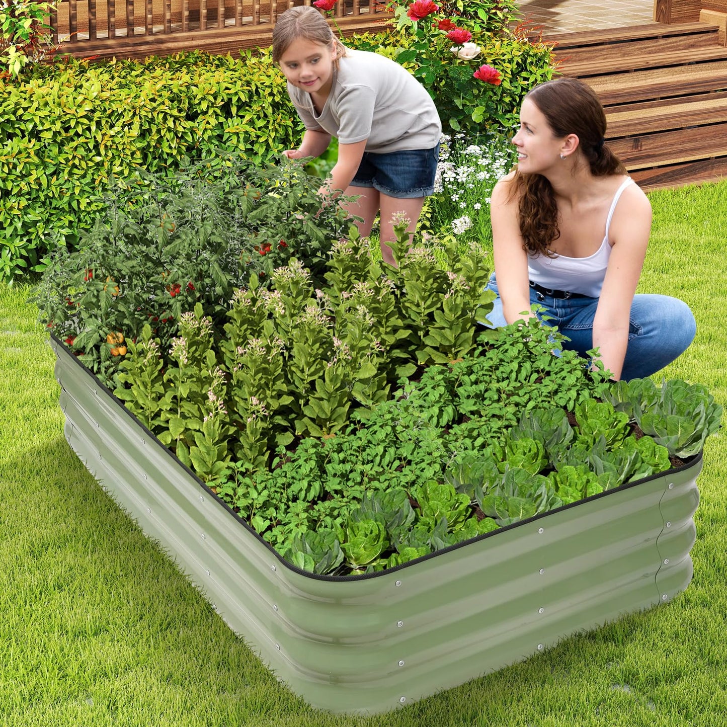 1MORE Raised Garden Bed -5X3X1 Galvanized Planter Box for Outdoor Gardening,4 in 1 Modular Raised Bed Kit with Protective Tape, Gloves for Herb，Ideal for Vegetables and Plants.Green-2Pack