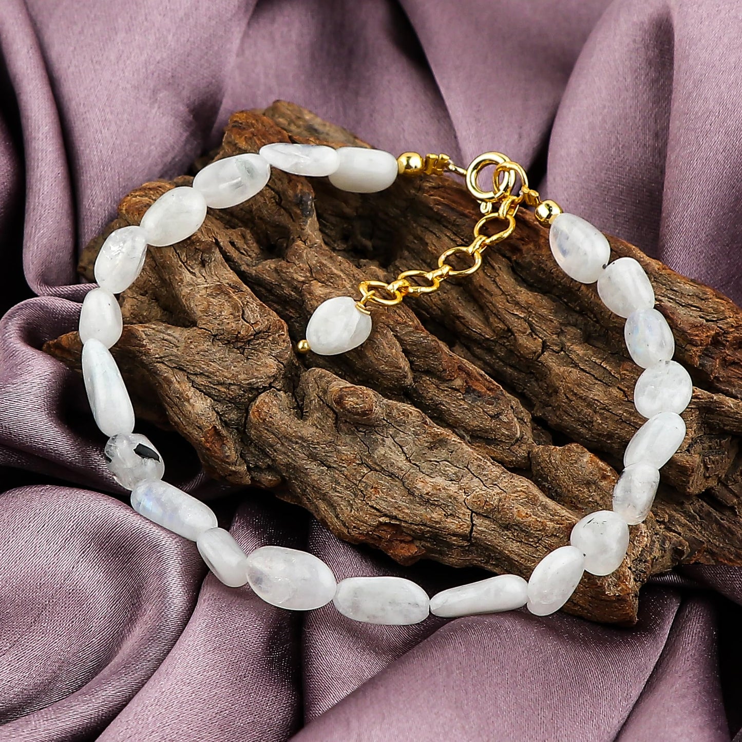 GEMSYMPHONY Rainbow Moonstone Gemstone Tumble Bracelet – Hypoallergenic Gold Plated Chain, 7+1 Inch Adjustable, Spring Ring Clasp, Handmade Crystal Bracelet for Women, Natural Stone Healing Jewelry