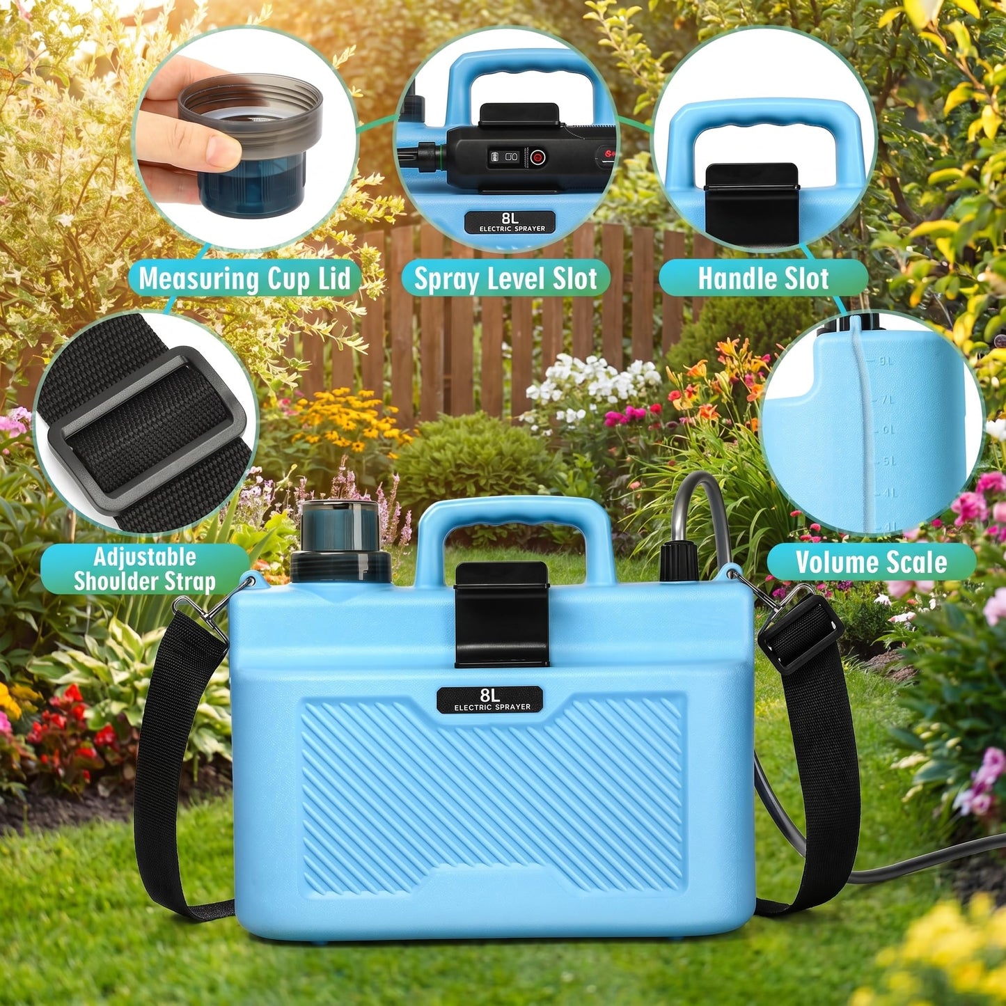 2 Gallon Battery Powered Garden Sprayer,Upgrade Electric Sprayer with 4 Types of Nozzles,3-Level Adjustable Speeds,Retractable Wand and Adjustable Shoulder Strap for Lawn, Garden and Yard.