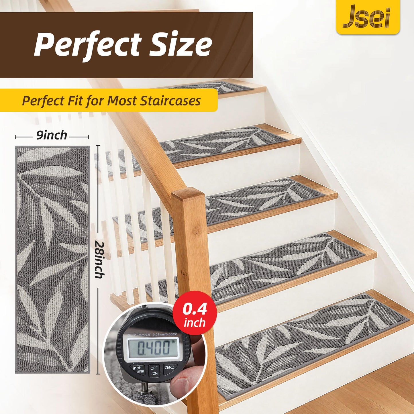 JSEI Stair Treads for Wooden Steps with 3D Leaf Pattern, 14 Pack 9" X 28" Carpet Stair Treads Non-Slip Indoor with TPE Backing, Machine Washable Stair Runners for Kids Elders and Pets, Grey