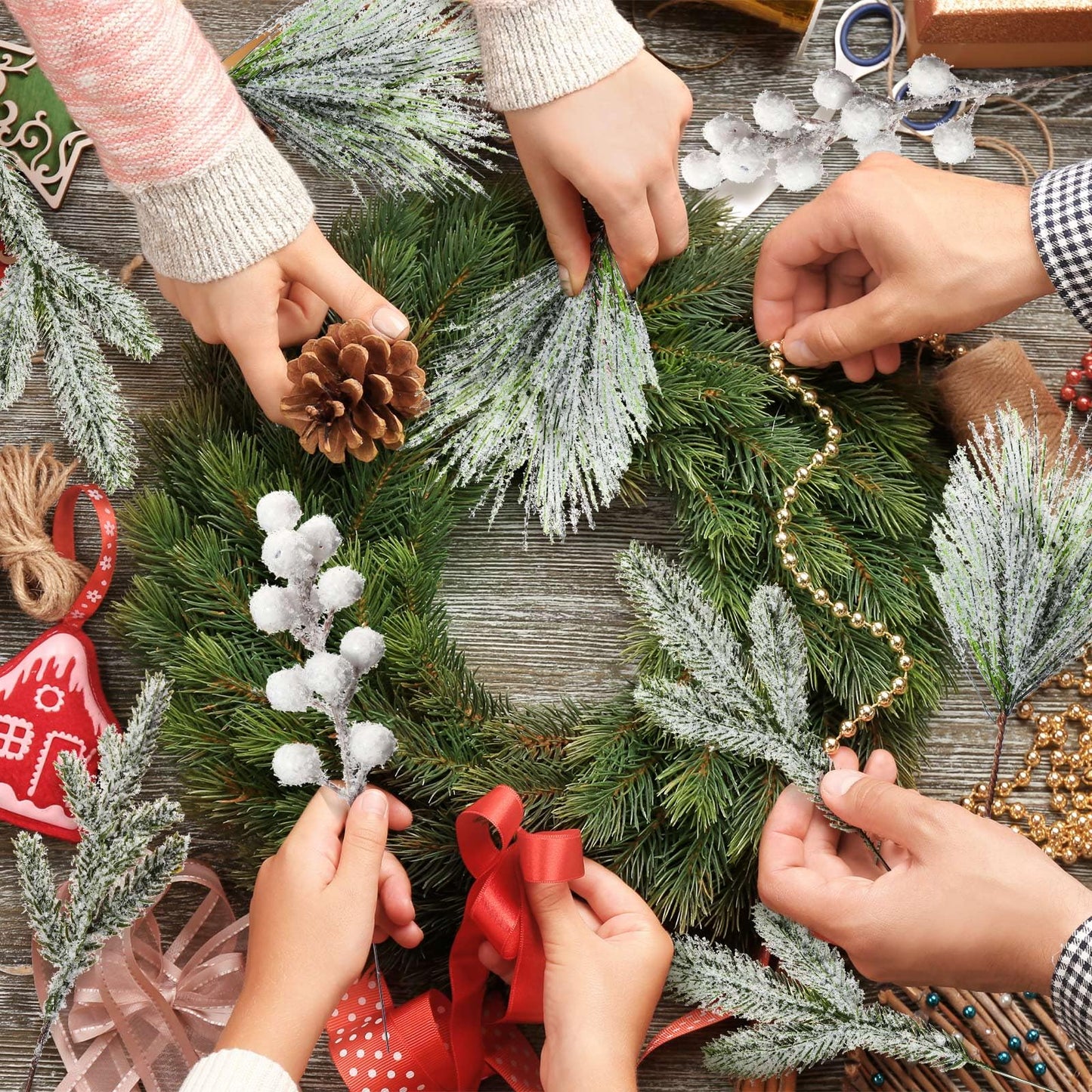 Lyrow 80 Pieces Christmas Snowy Pine Tree Picks Artificial Berry Stems Sprays Faux Cedar Pine Needles Branches for Holiday Arrangement Wreath DIY Garland Holiday Decor Winter Greenery (White)