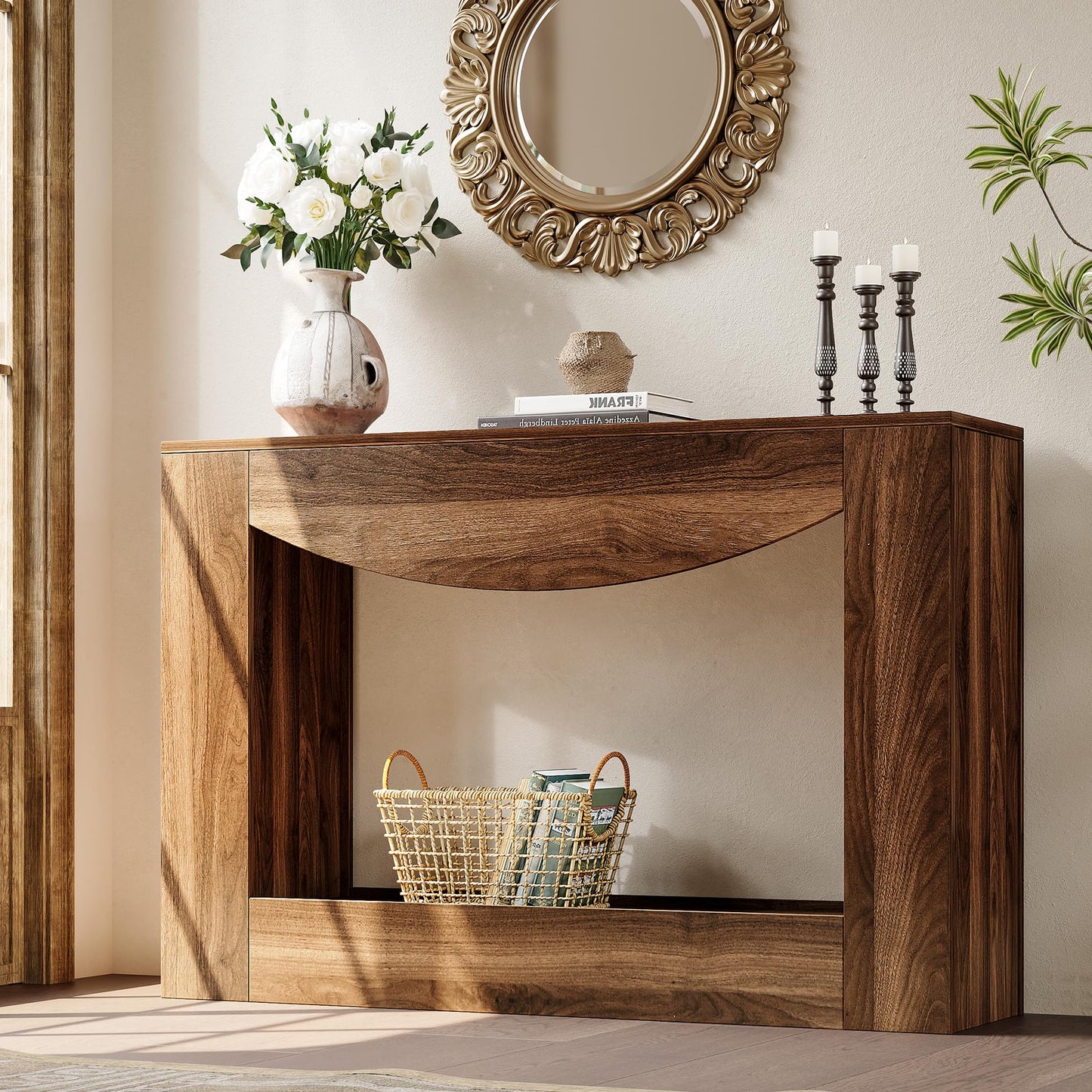knoworld Farmhouse Console Table, 47 Inches Entryway Console Table with LED Light, Sofa Table Behind Couch, Wooden Accent Entryway Table for Living Room, Hallway