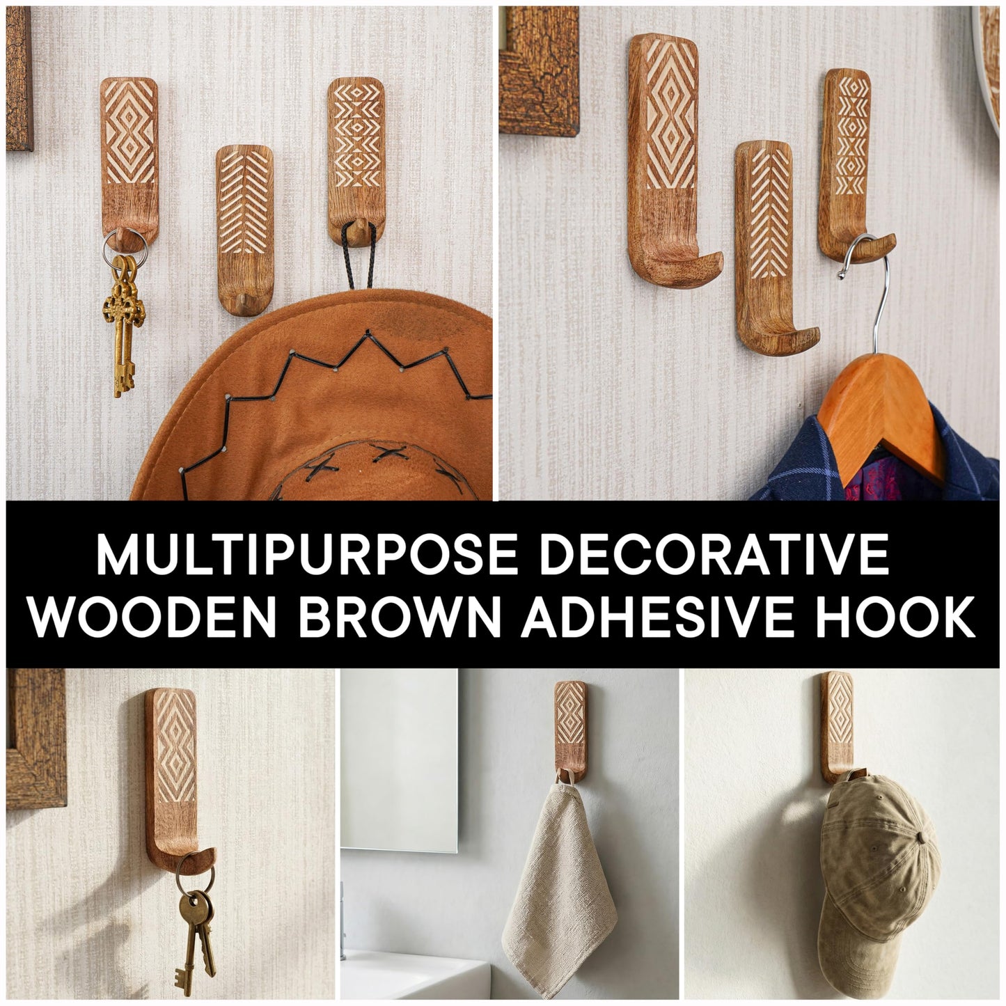 Indian Shelf Boho Wood Adhesive Wall Hooks - 3 Pack Decorative Peel and Stick Key Hooks - Unique Wall Hangers for Bathroom & Entryway