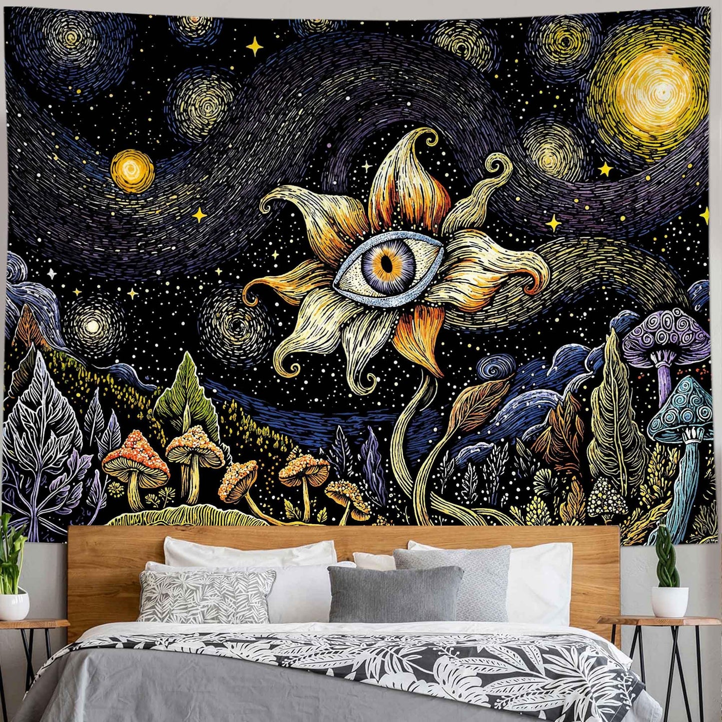 Yeoiat Tapestry Cosmic Flower Tapestries Mushroom Landscape Wall Hanging Starry Night Visionary Botanical Art Decor Bedroom Dormitory 48"x36"