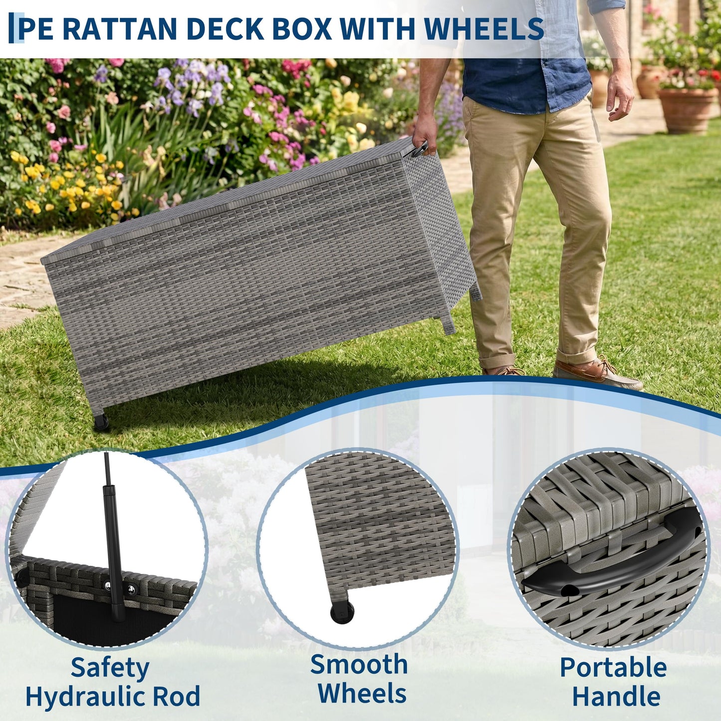 125 Gallon Large Deck Box Waterproof PE Rattan Outdoor Storage Box with Handles and Wheels, Storage Bin for Garden, Balcony, Porch, Pool, Yard