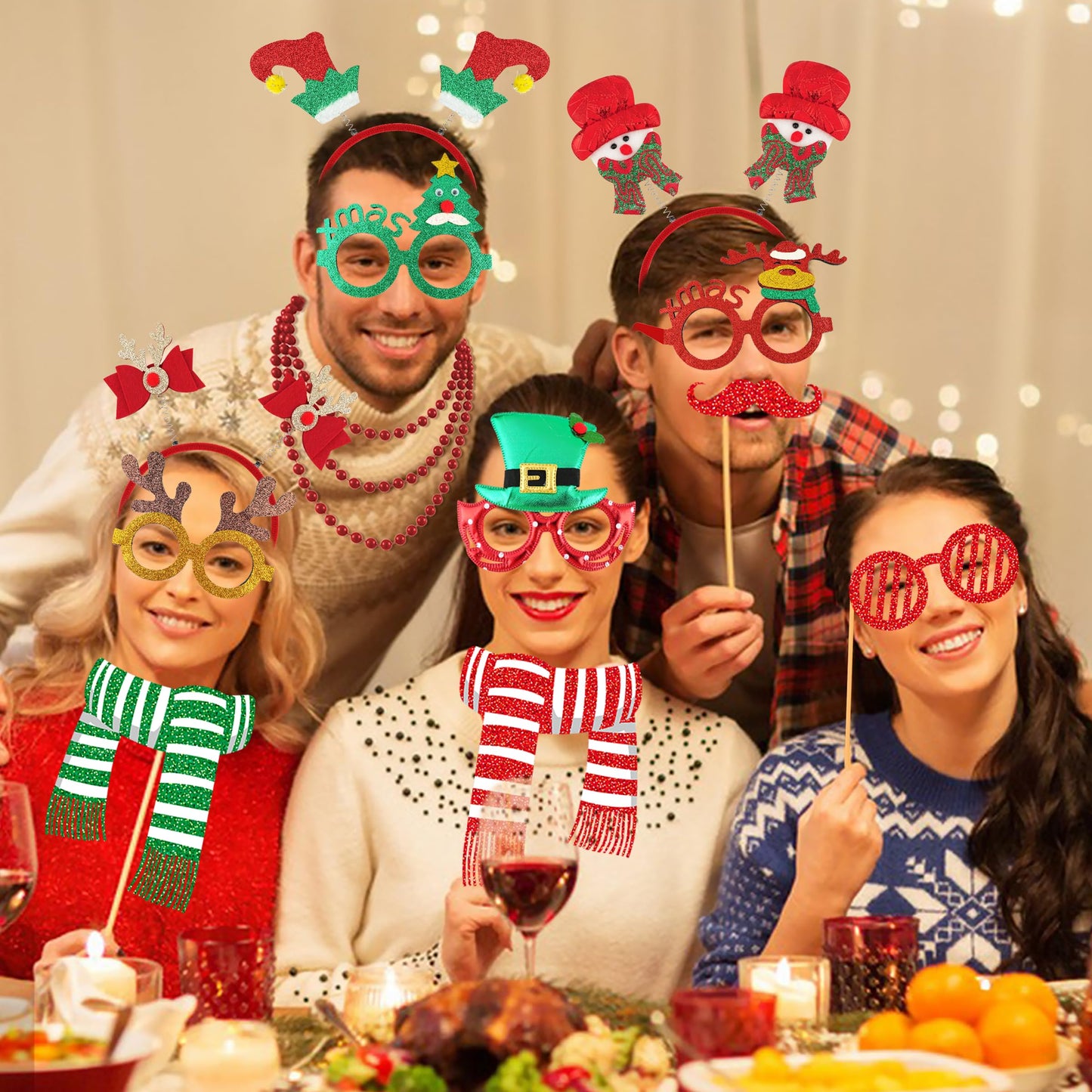 51PCS Christmas Glasses and Holiday Headbands Set Christmas Photo Booth Props Party Decoration Accessories for Xmas Party Supplies Holiday Favors(51)