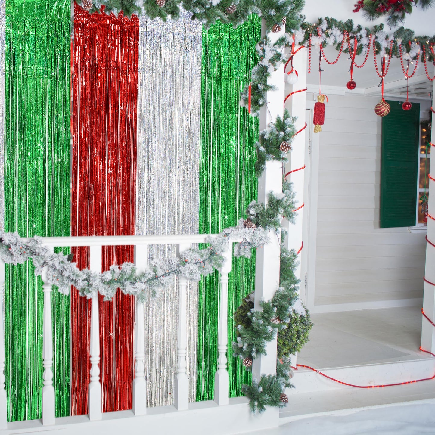 3 Pack Christmas Party Decorations Foil Fringe Curtains,3.3 X 6.6ft Red Silver Green Christmas Tinsel Metallic Backdrop Streamers Photobooth Props for Xmas Holidays Birthday Party Wall Decoration