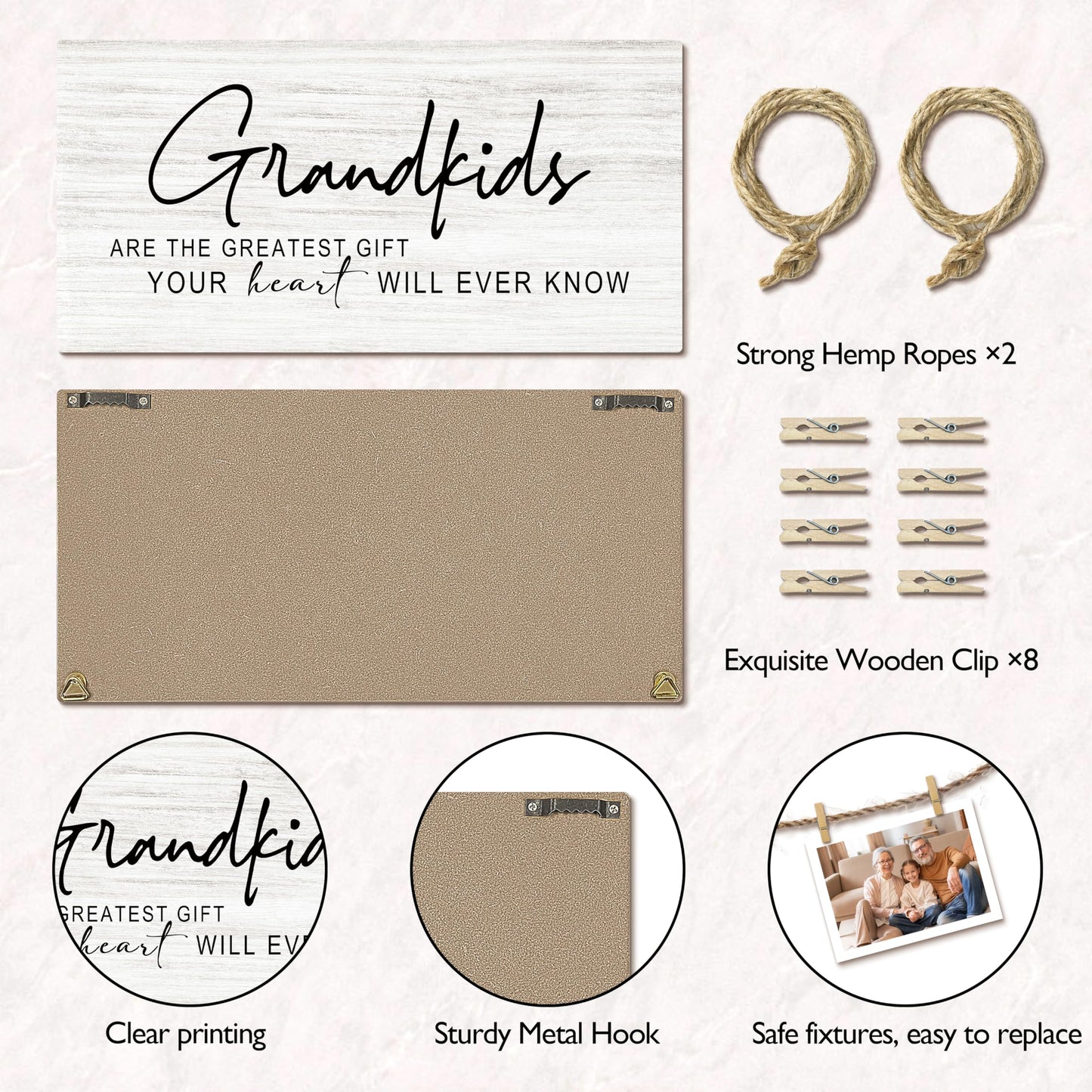 Foyoulame Grandkids Hanging Photo Display, Grandparents Grandchildren Wooden Picture Board for Photos, Christmas Birthday Gifts for Grandparents from Grandkids Decorative Photo Holder for Wall