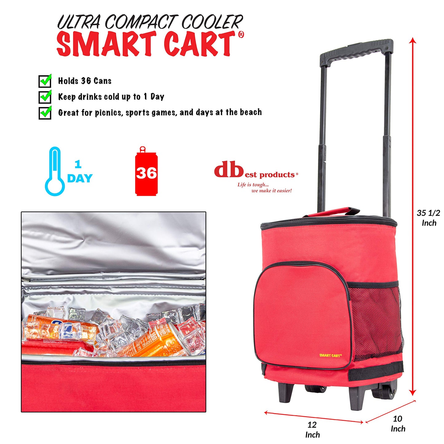 dbest products Ultra Compact Cooler Smart Cart, Red Insulated Collapsible Rolling Tailgate BBQ Beach Summer