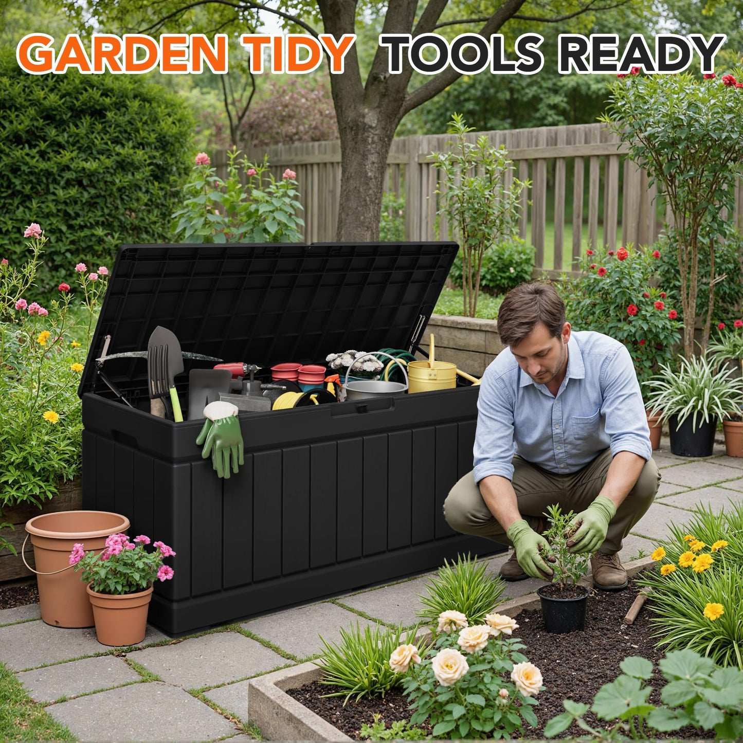 Acurax 78 Gallon Deck Box Outdoor Indoor Waterproof Storage Box for Patio Furniture, Pool Accessories, Garden Tools, and Cushion Storage, Black