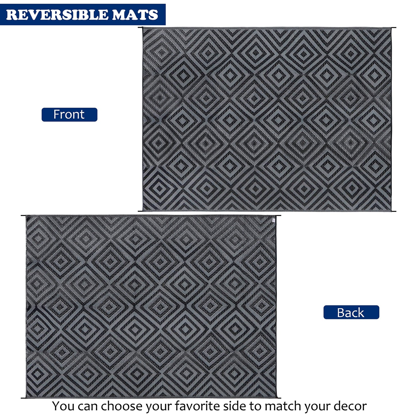 Ridota Reversible Mats, Patio Plastic Straw Modern Area Rug, Floor Mat for Outdoors, RV, Patio, Backyard, Deck, Picnic, Beach, Trailer, Camping (Diamond Black & Grey, 9' x 12')