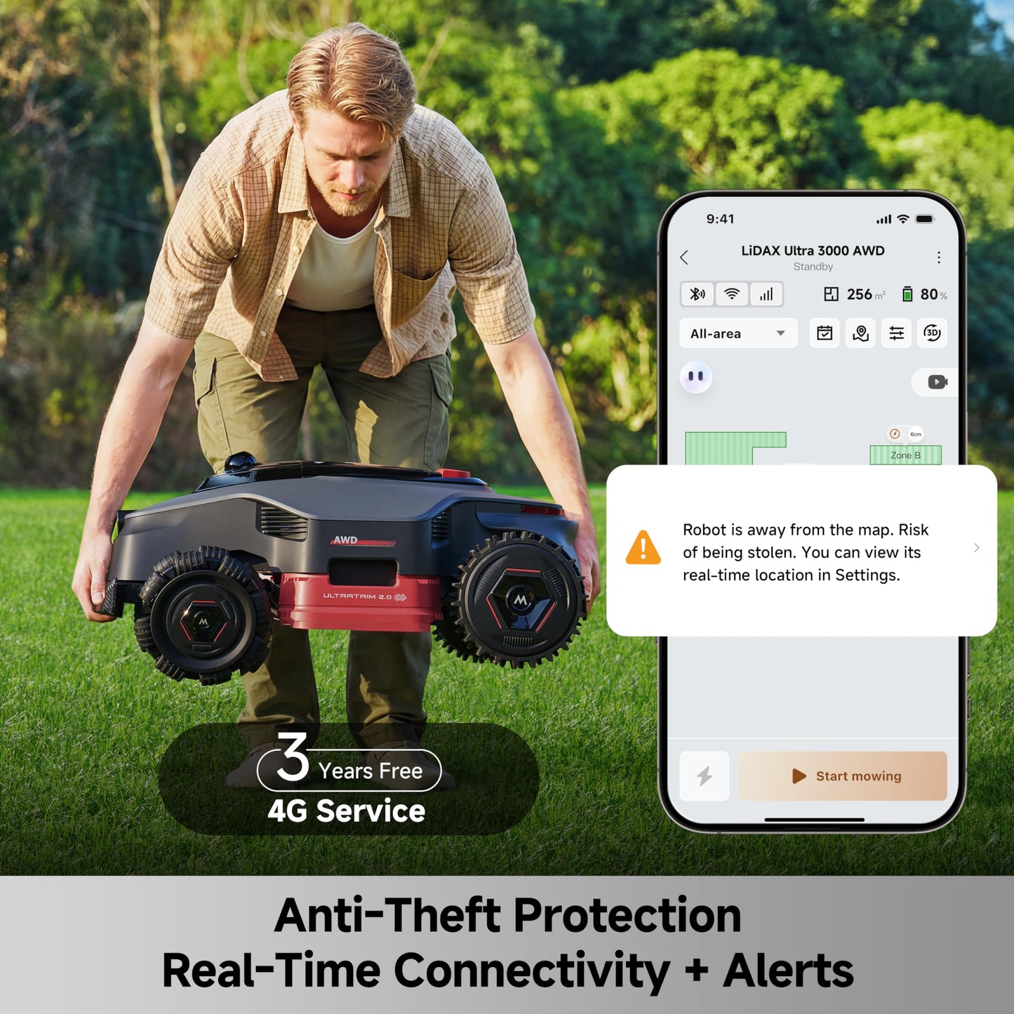 MOVA LiDAX Ultra 3000 AWD Robot Lawn Mower Wire Free RTK Free for up to 0.75 Acre*Dual Maps, 360° 3D LiDAR & AI Dual Vision Mapping, Robotic Mower with 4G, for 80% Slopes, Cutting Height 1.2”–3.9“