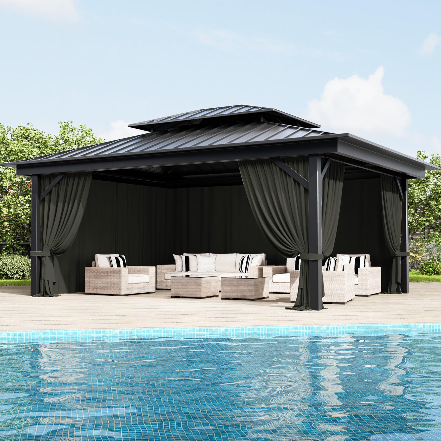 Pakunoda Outdoor Gazebo Curtain Replacement Universal 4-Panel Sidewalls 12' X 16',Outdoor Patio Waterproof Privacy Curtain with Double Zipper for Patio,Garden, and Backyard (Curtain Only)