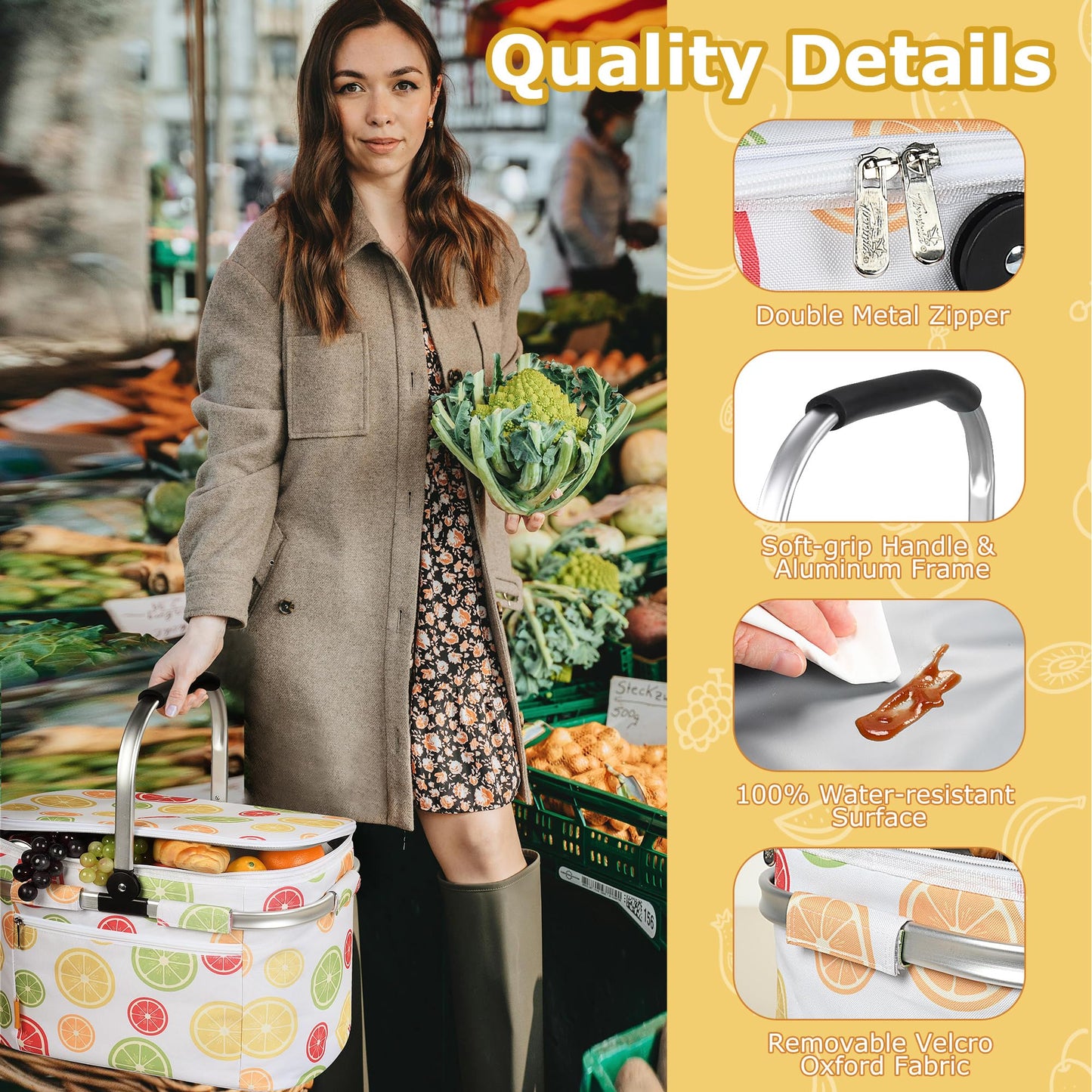 Tirrinia Large Insulated Picnic Basket, 34L Water Resistant & Leakproof Collapsible Portable Cooler Basket Set with Aluminium Handle for Travel, with a Free Foldable Grocery Bag, Yellow Lemon