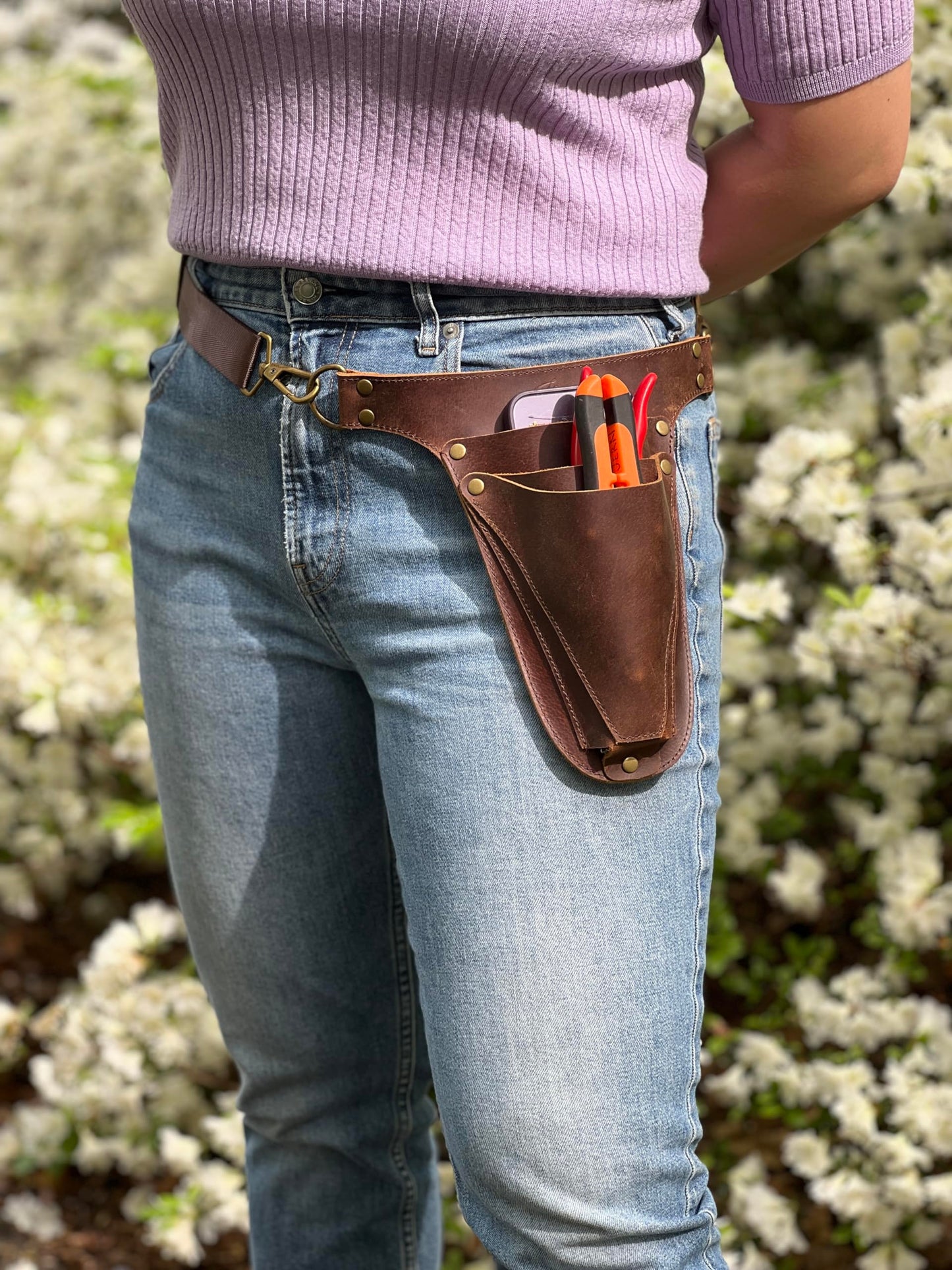 Garden Tool Belt, Handmade Premium Leather with Pouches Pockets Holster for Women & Men, Gardeners, Florists, Electrician, Carpenter, Flower Farmer, Landscaper, Construction (Small Size)