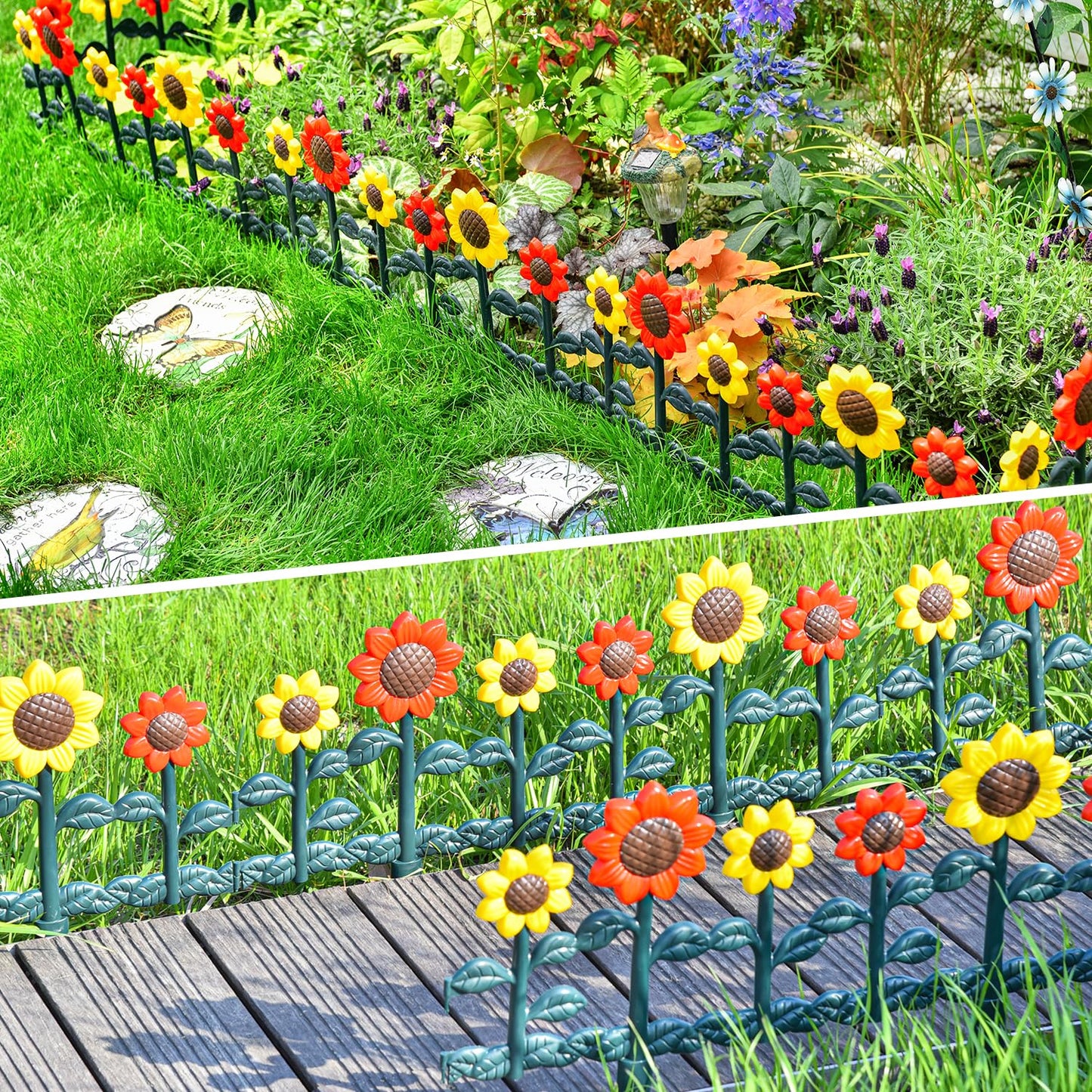 Sungmor Plastic Edgings Garden Picket Fence - Grass Lawn Flowerbeds Plant Borders - Decorative Sunflower Landscape Path Panels - Pack of 4 (Overall Length 98 Inches) - Lightweight & Easy Installation