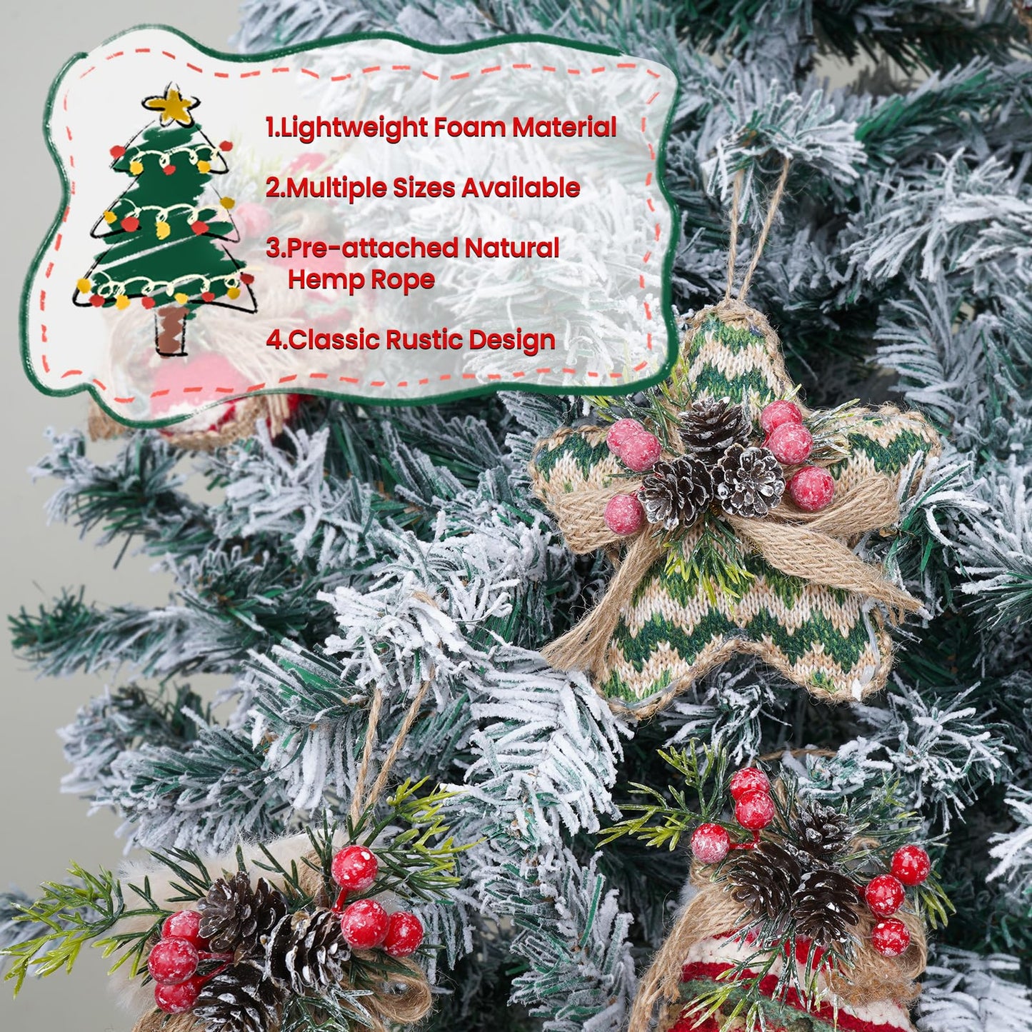 10PCS Rustic Christmas Ornaments, Burlap Balls with Pine Cones and Red Berries, Farmhouse Christmas Tree Ornaments for Holiday Decor Christmas Tree Decorations (Rustic Style)